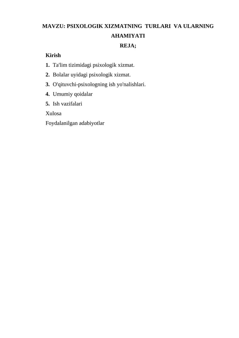 PSIXOLOGIK XIZMATNING TURLARI VA ULARNING AHAMIYATI