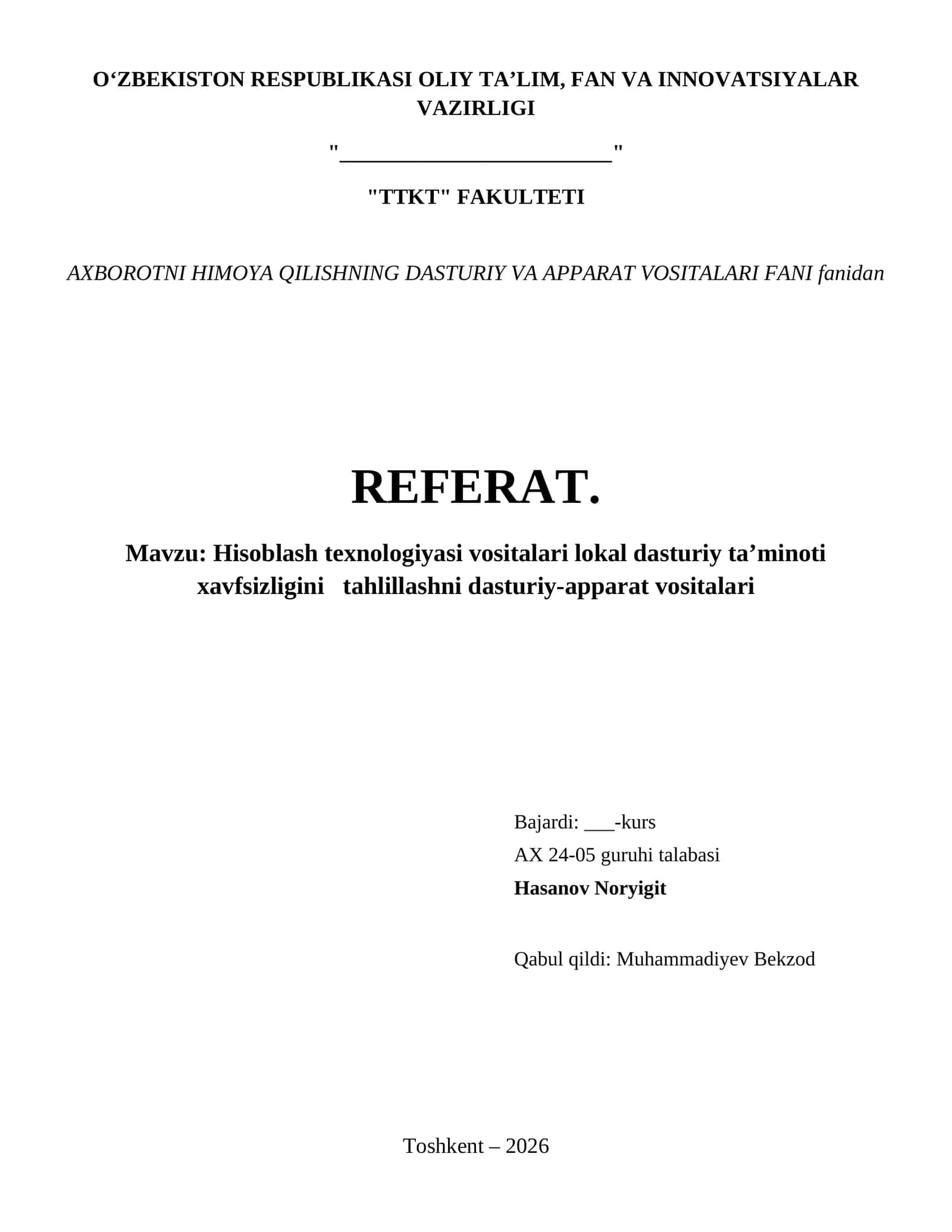 Hisoblash texnologiyasi vositalari lokal dasturiy ta’minoti xavfsizligini tahlillashni dasturiy-apparat vositalari