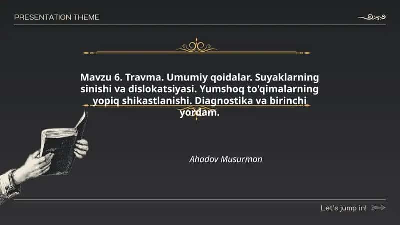 Travma. Umumiy qoidalar. Suyaklarning sinishi va dislokatsiyasi. Yumshoq to'qimalarning yopiq shikastlanishi. Diagnostika va birinchi yordam.