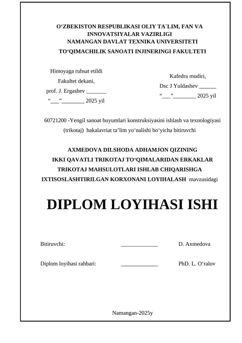 Ikki Qavatli Trikotaj Toʻqimalaridan Erkaklar Trikotaj Mahsulotlari Ishlab Chiqarishga Ixtisoslashtirilgan Korxonani Loyihalash
