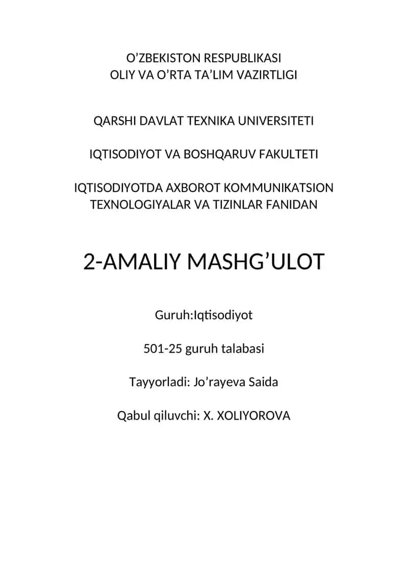 MS Excel elektron jadvalida iqtisodiy masalalarni yechish