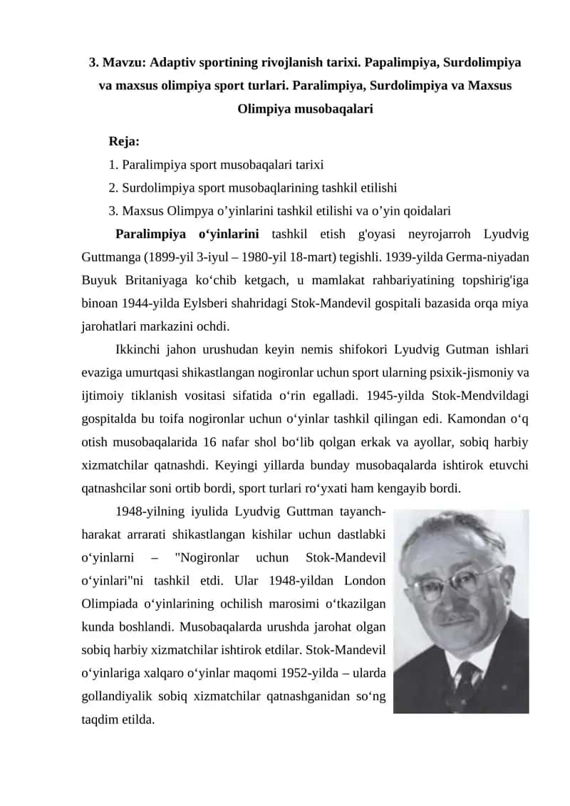 Adaptiv sportining rivojlanish tarixi. Papalimpiya, Surdolimpiya va maxsus olimpiya sport turlari. Paralimpiya, Surdolimpiya va Maxsus Olimpiya musobaqalari