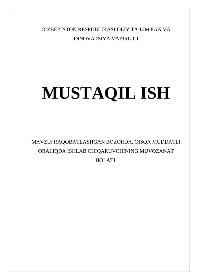 Raqobatlashgan Bozorda Muvozanat Holati