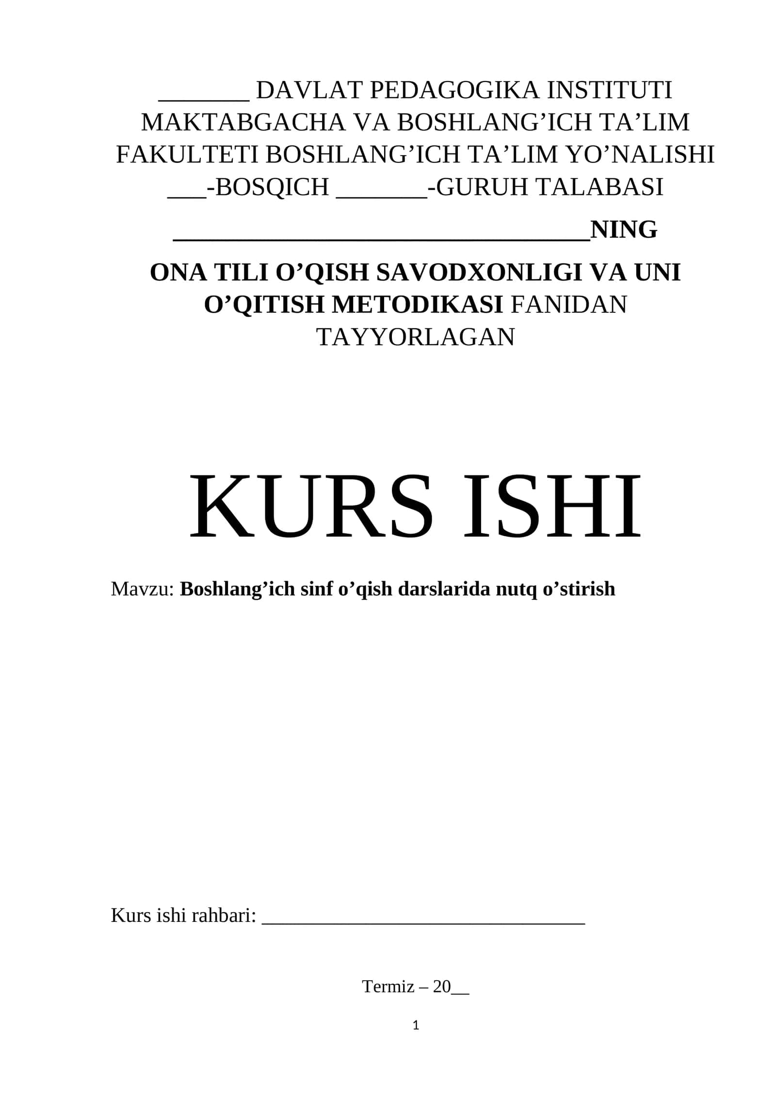 ONA TILI O’QISH SAVODXONLIGI VA UNI O’QITISH METODIKASI