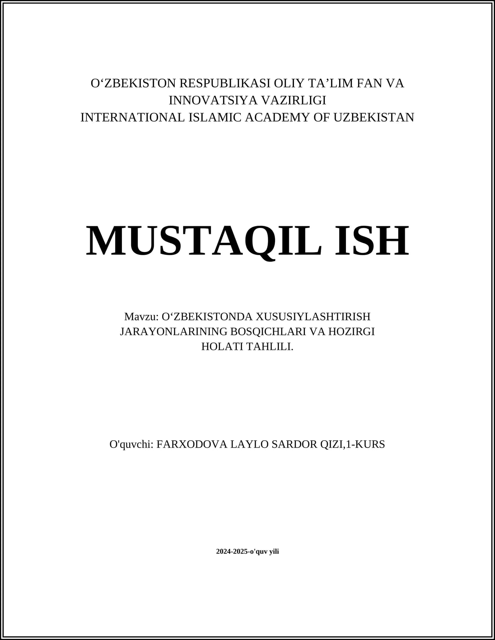 O‘ZBEKISTONDA XUSUSIYLASHTIRISH JARAYONLARINING BOSQICHLARI VA HOZIRGI HOLATI TAHLILI