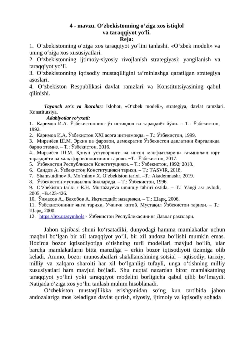 O‘zbekistonning o‘ziga xos istiqlol va taraqqiyot yo‘li