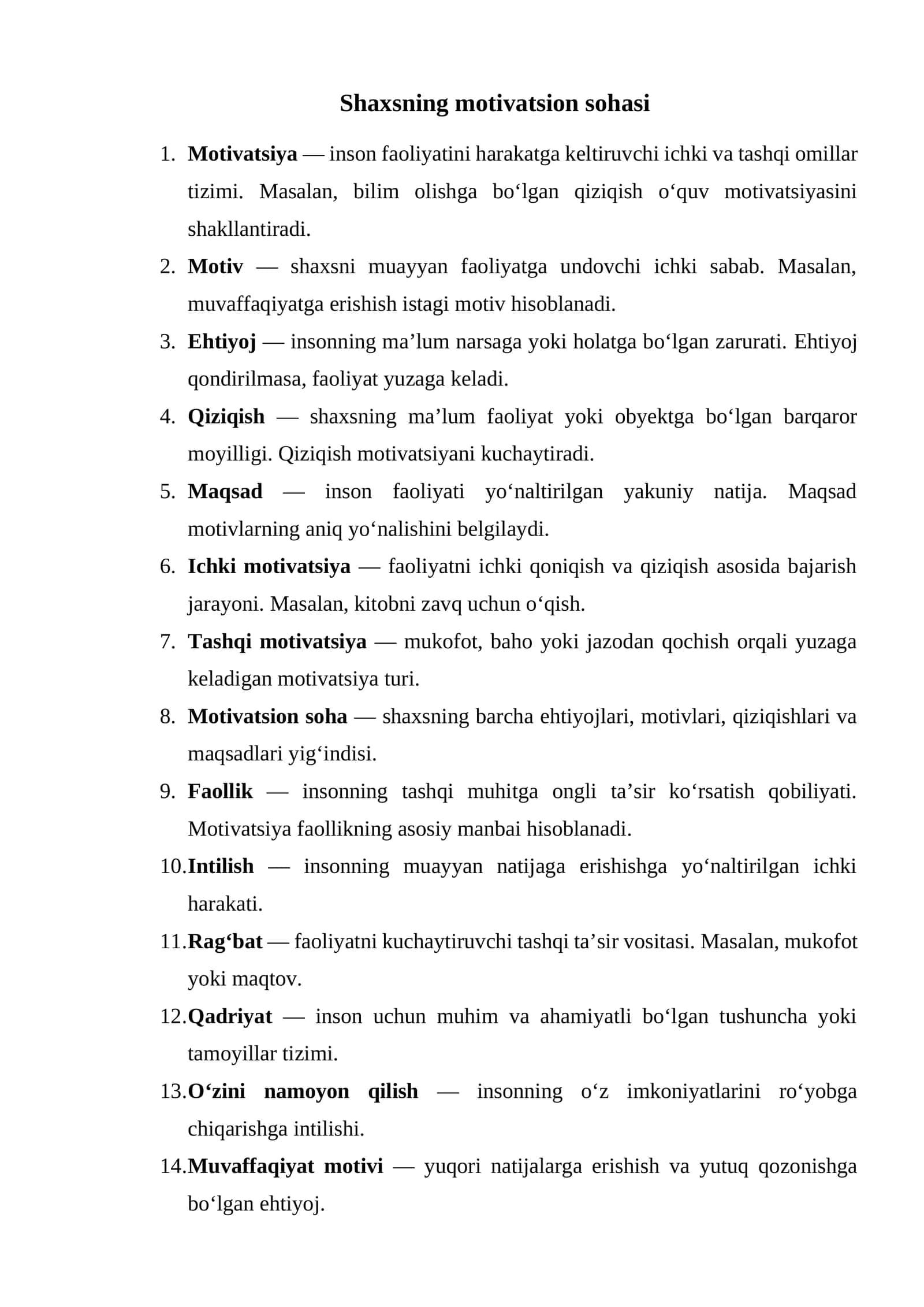 Shaxsning motivatsion sohasi Glossariy