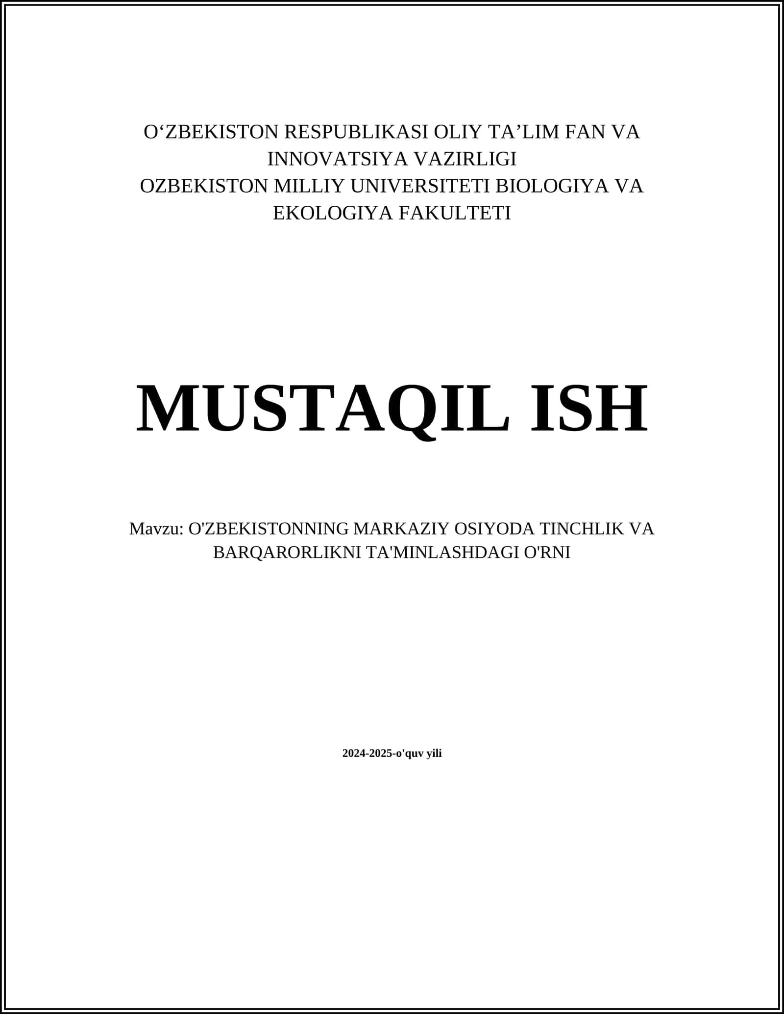 O'zbekistonning Markaziy Osiyoda Tinchlik va Barqarorlikni Ta'minlashdagi O'rni
