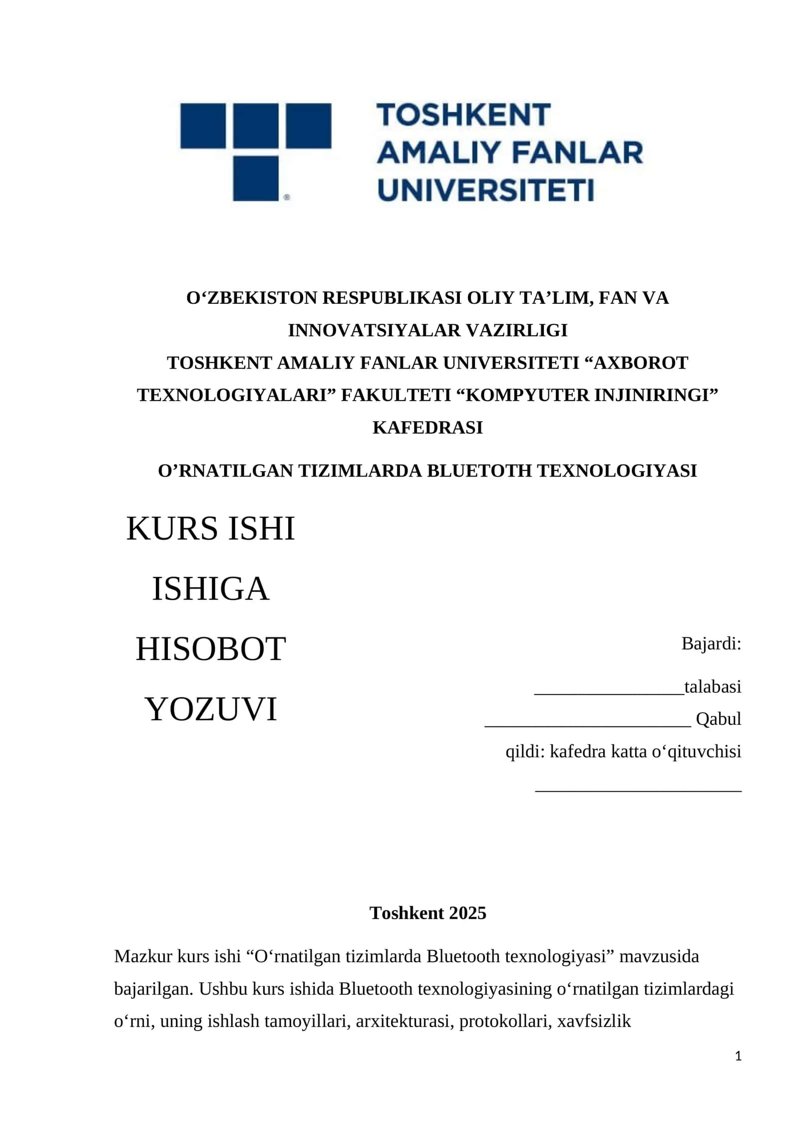 O‘RNATILGAN TIZIMLARDA BLUETOTH TEXNOLOGIYASI KURS ISHI ISHIGA HISOBOT YOZUVI