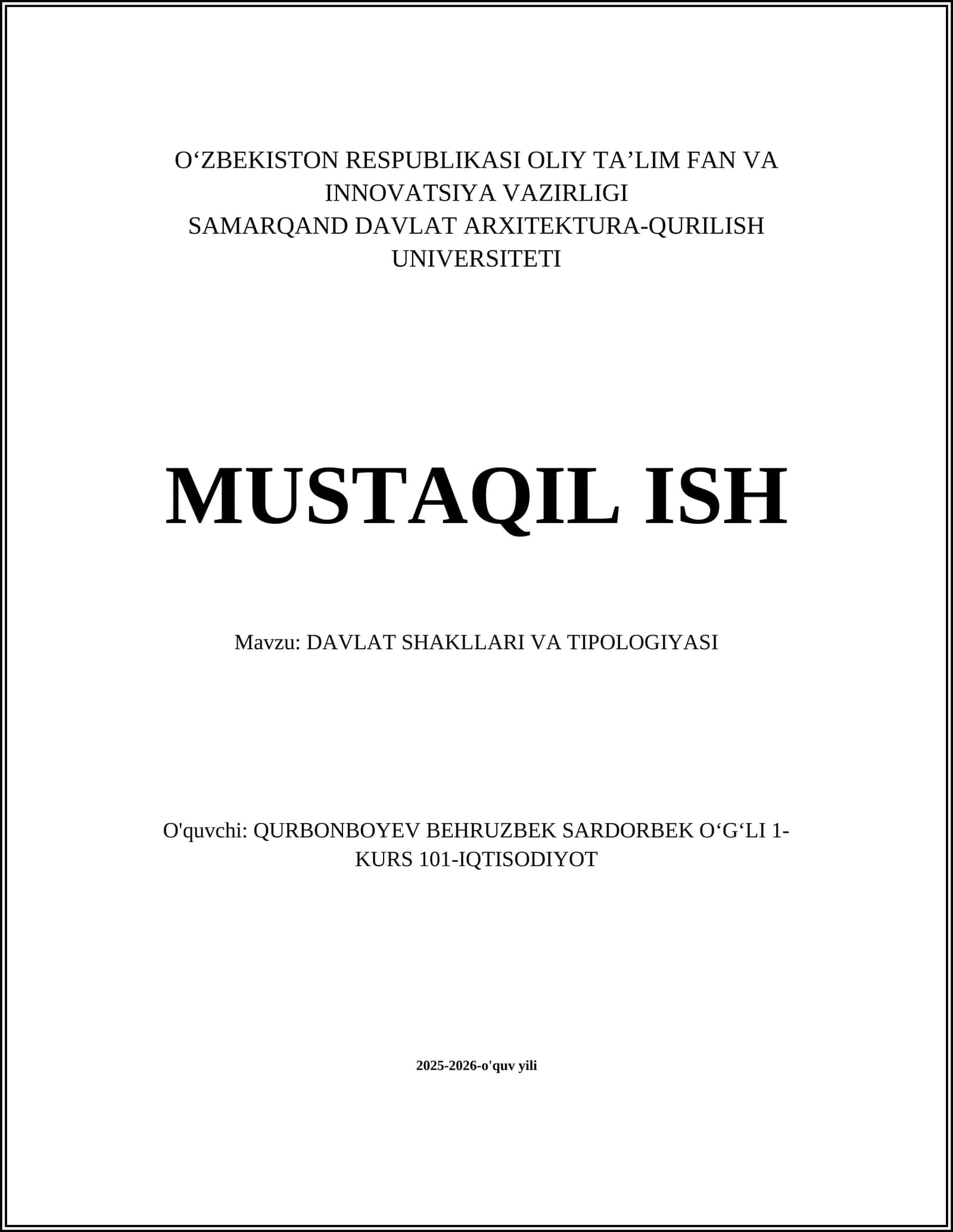 DAVLAT SHAKLLARI VA TIPOLOGIYASI