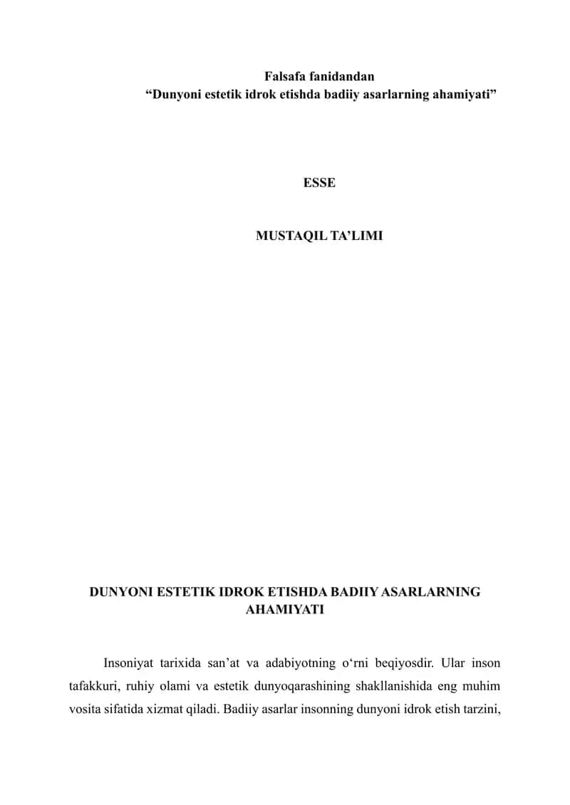 Dunyoni estetik idrok etishda badiiy asarlarning ahamiyati