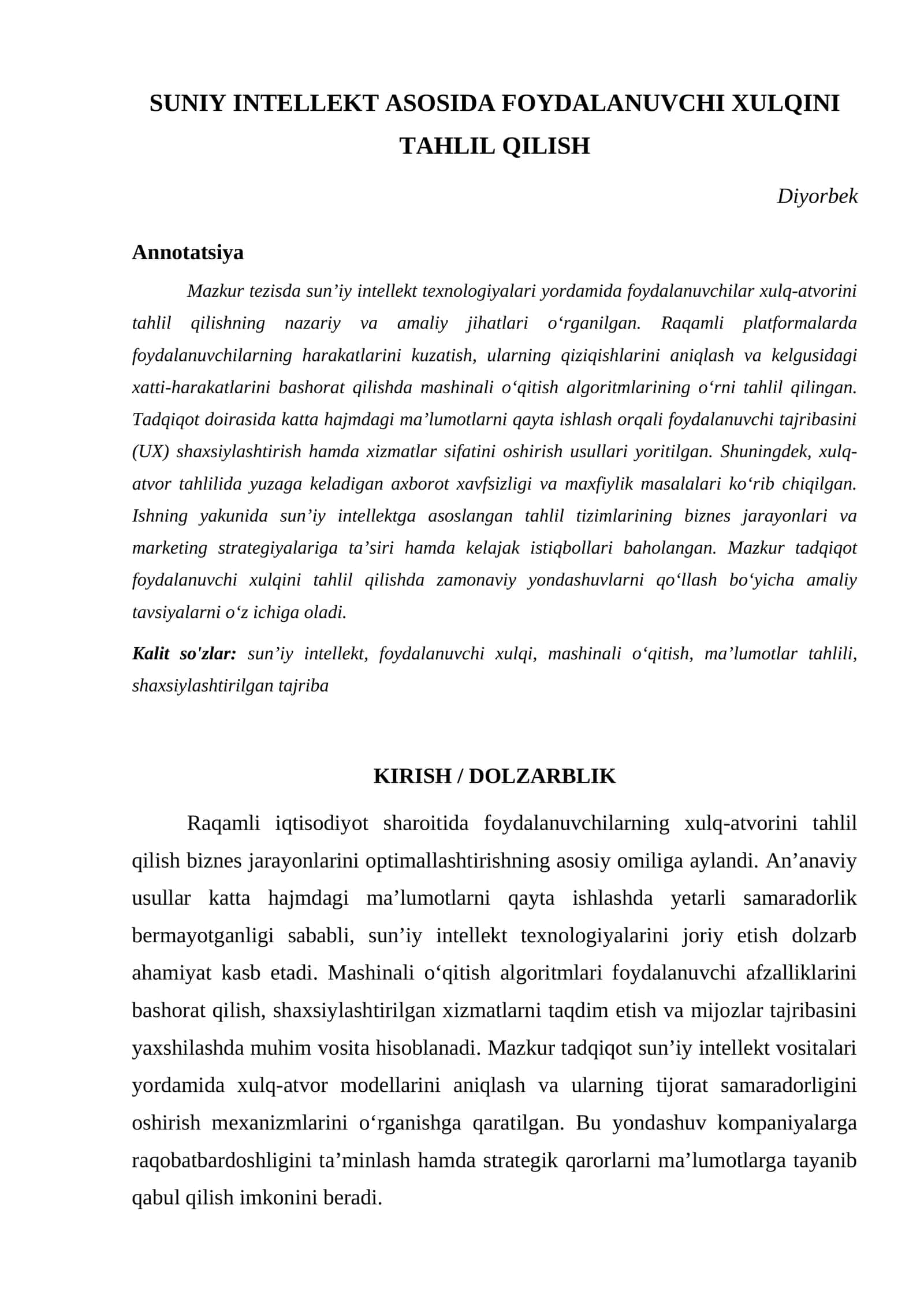 SUNIY INTELLEKT ASOSIDA FOYDALANUVCHI XULQINI TAHLIL QILISH