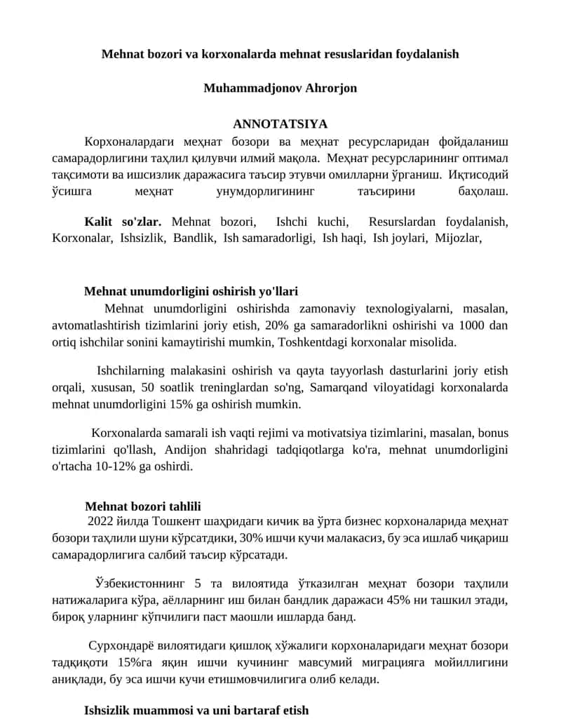 Mehnat bozori va korxonalarda mehnat resurslaridan foydalanish