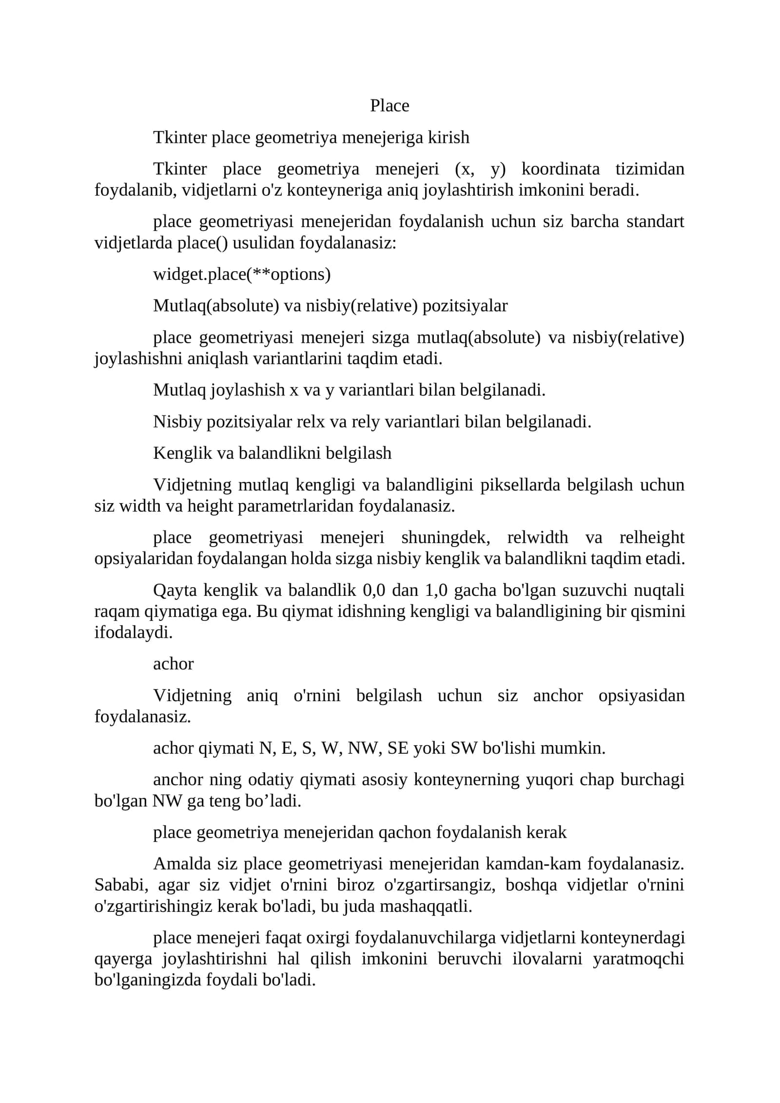 Tkinter place geometriya menejeriga kirish