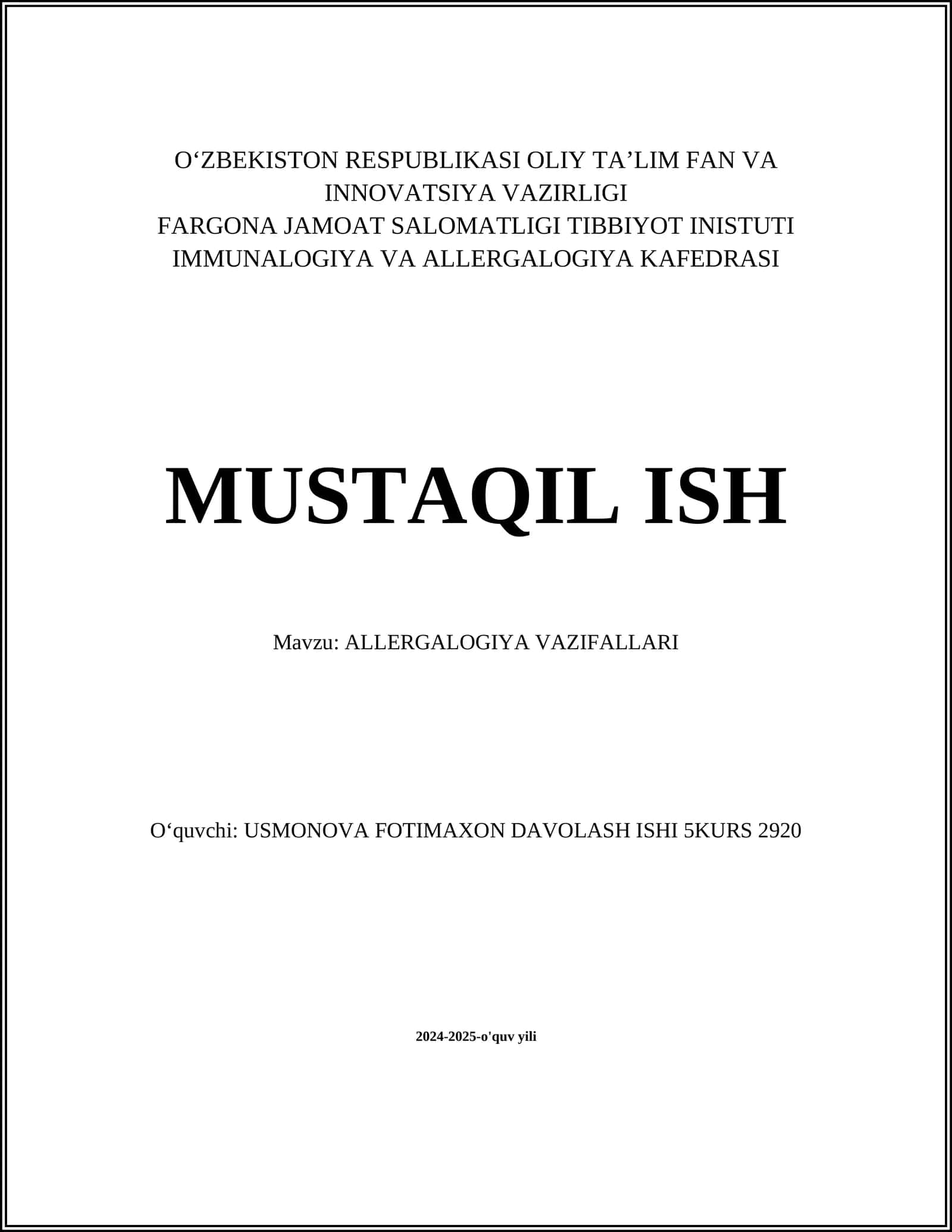 ALLERGALOGIYA VAZIFALLARI