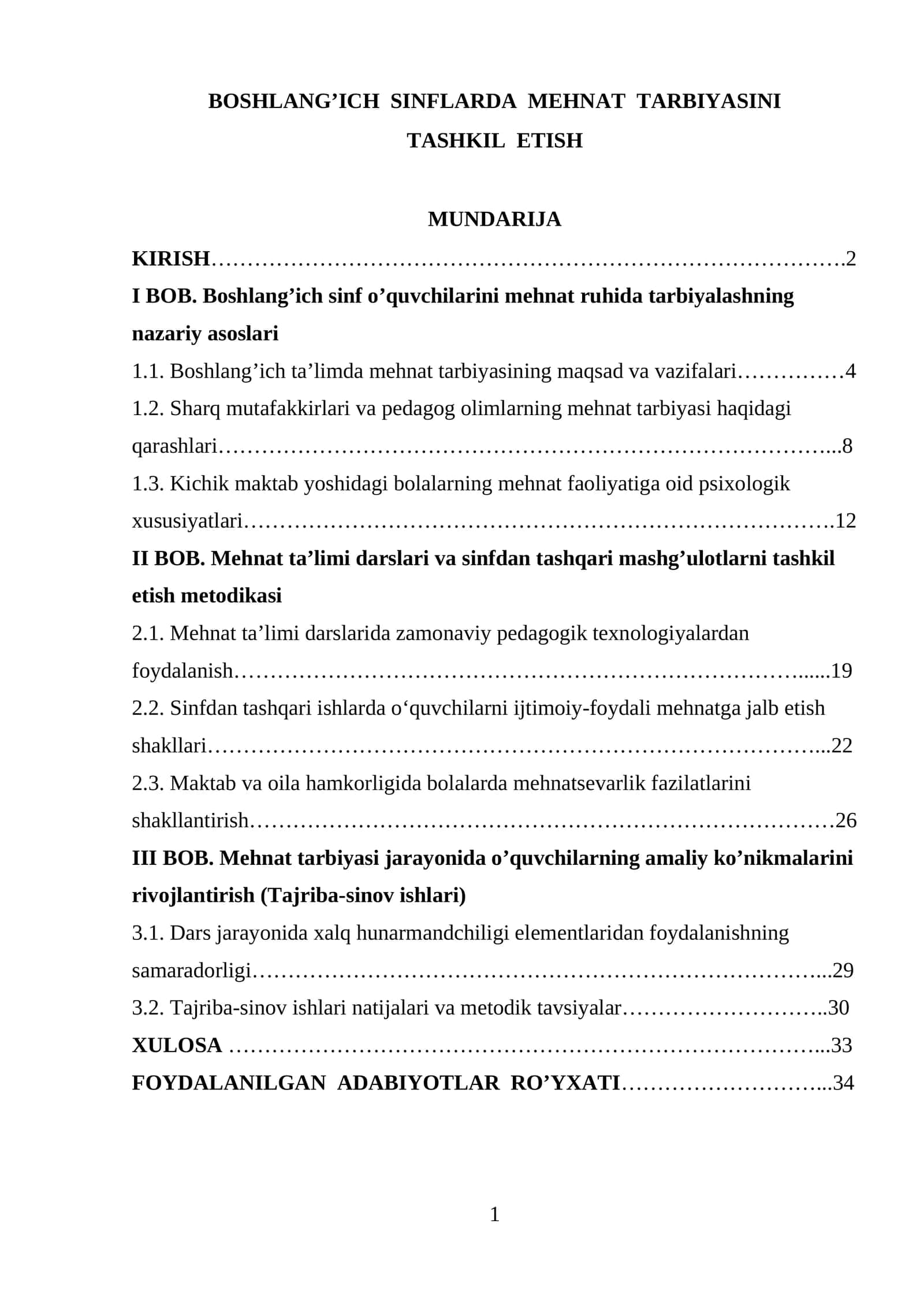 BOSHLANG’ICH SINFLARDA MEHNAT TARBIYASINI TASHKIL ETISH