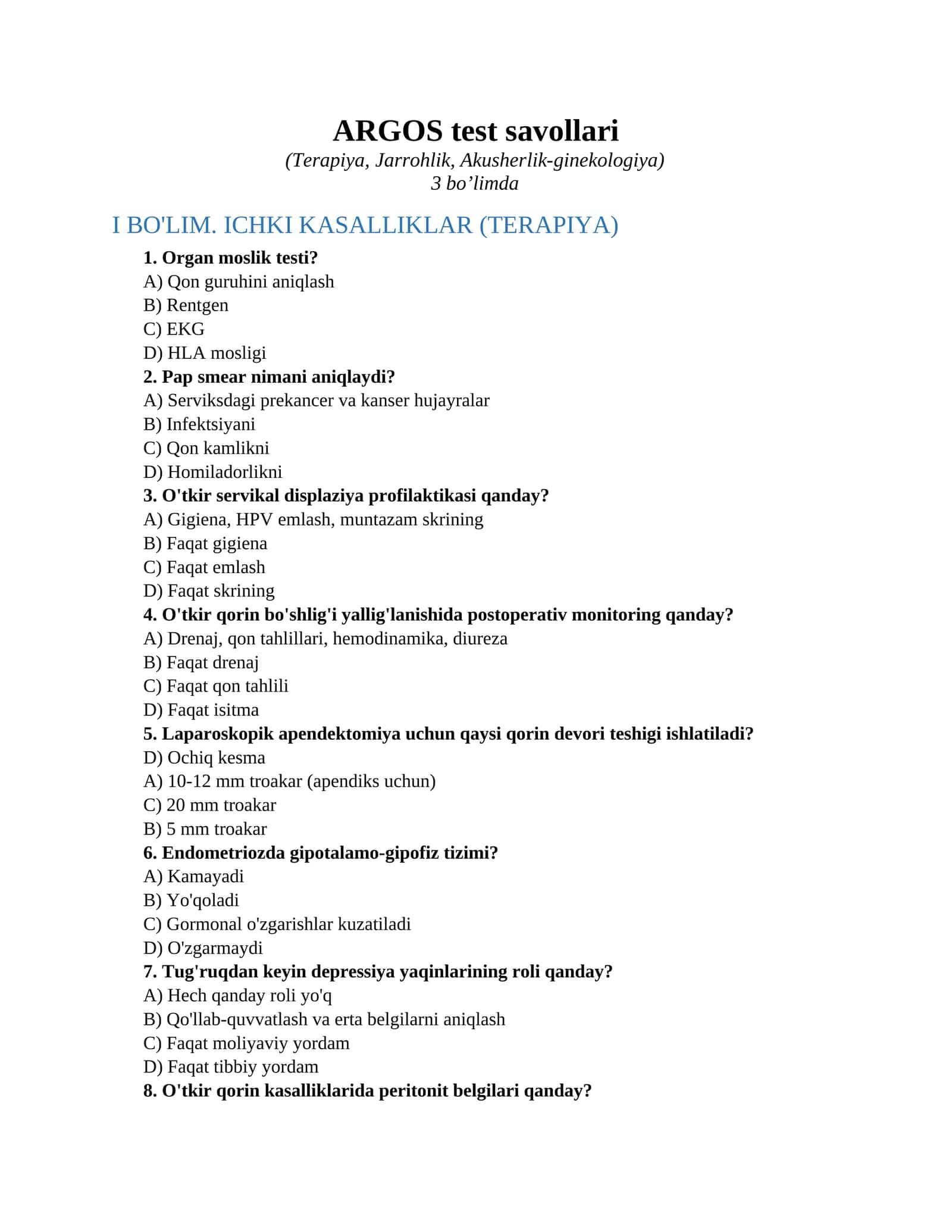 ARGOS test savollari