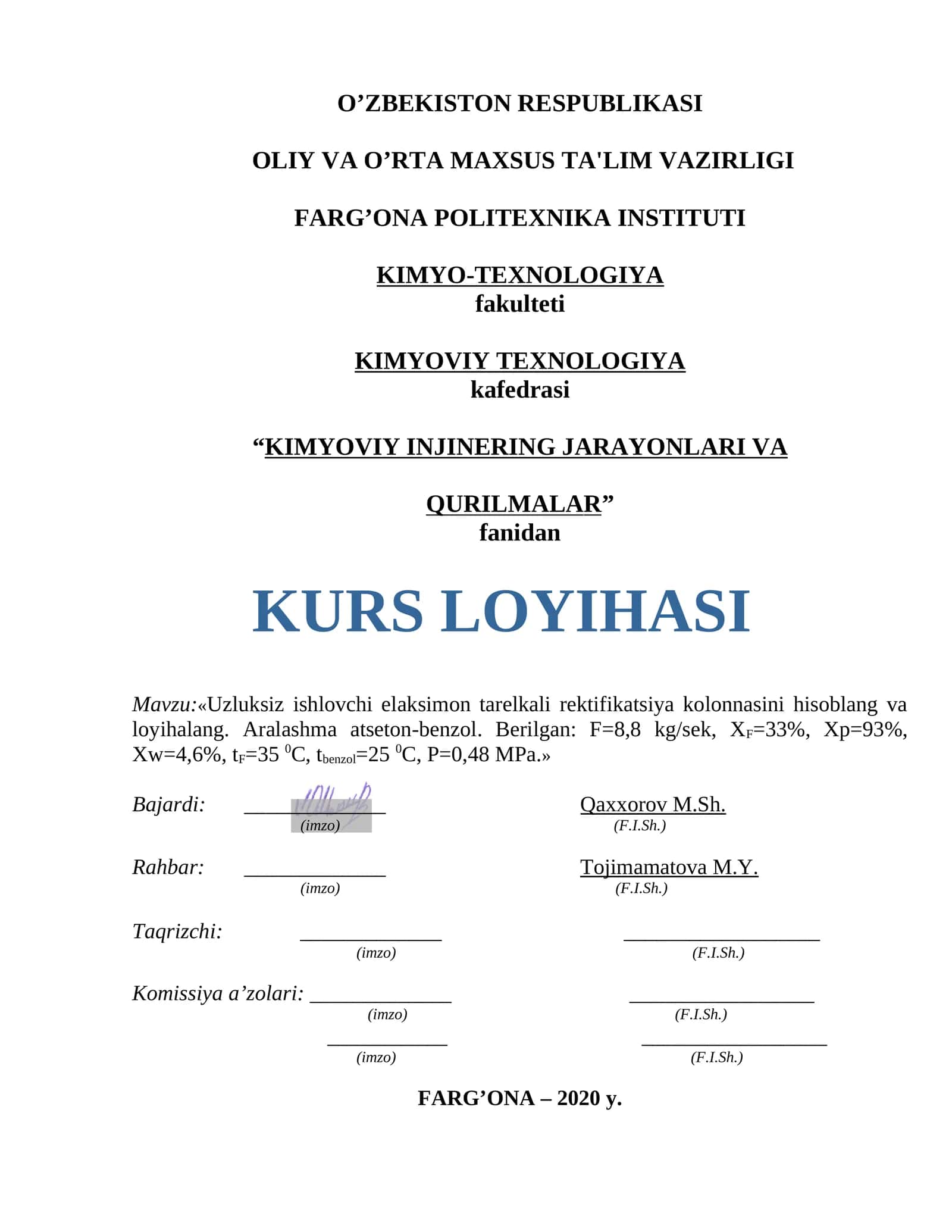 Uzluksiz ishlovchi elaksimon tarelkali rek loyihalang. Aralashma atseton-benzol.