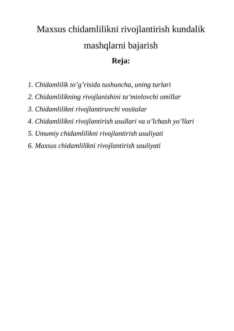 Maxsus chidamlilikni rivojlantirish kundalik mashqlarni bajarish