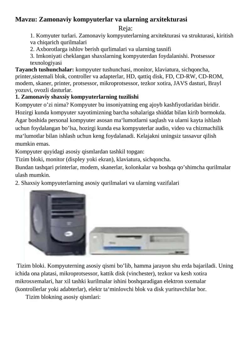 Zamonaviy kompyuterlar va ularning arxitekturasi