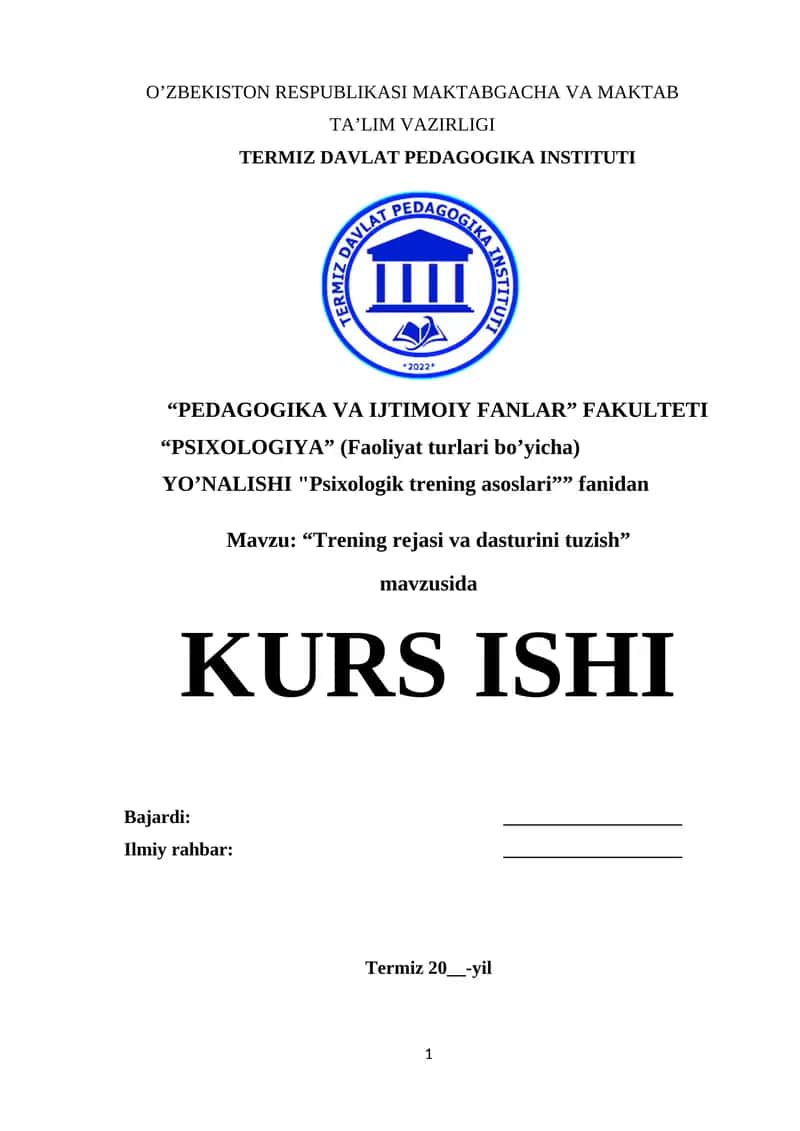 Trening rejasi va dasturini tuzish