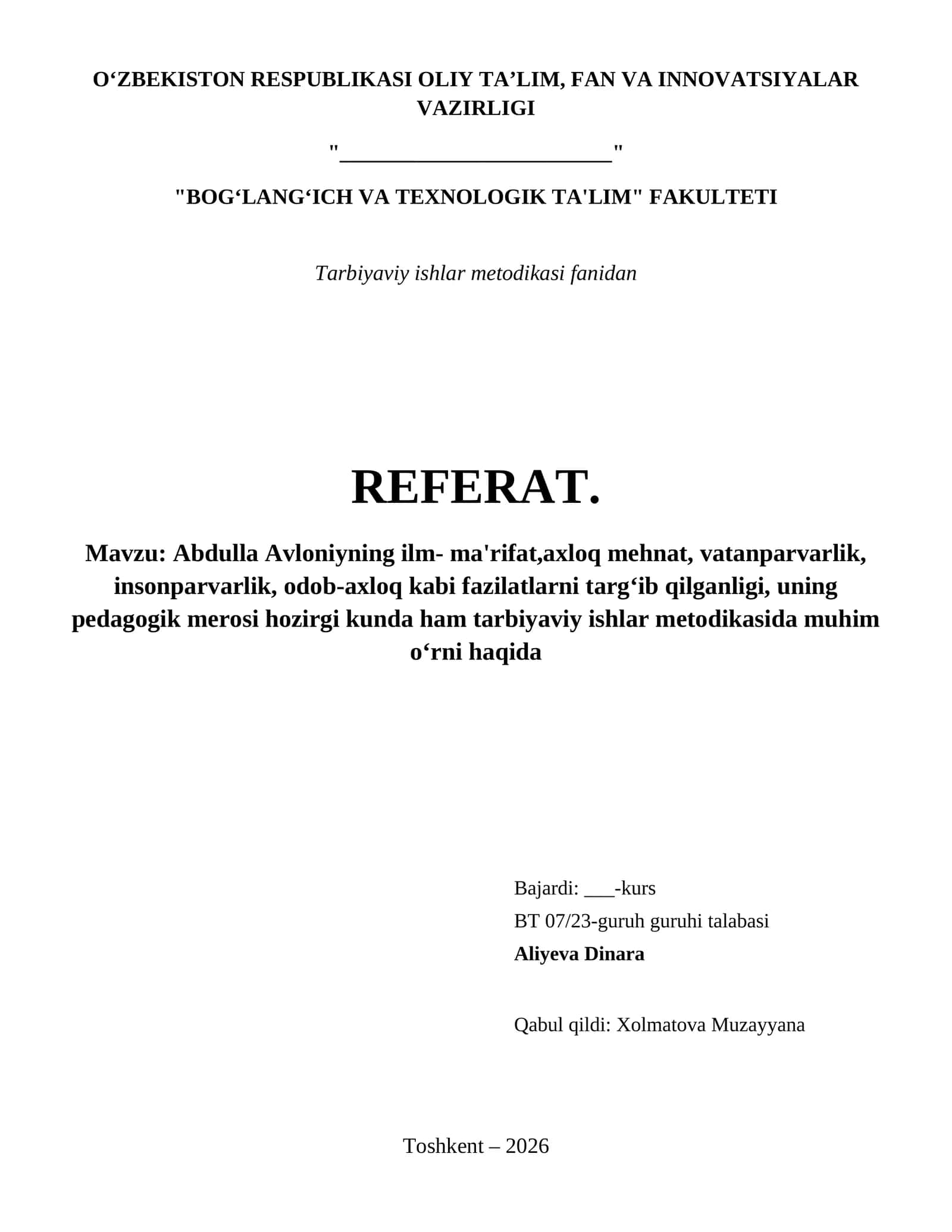 Abdulla Avloniyning ilm- ma'rifat,axloq mehnat, vatanparvarlik, insonparvarlik, odob-axloq kabi fazilatlarni targʻib qilganligi, uning pedagogik merosi hozirgi kunda ham tarbiyaviy ishlar metodikasida muhim oʻrni haqida