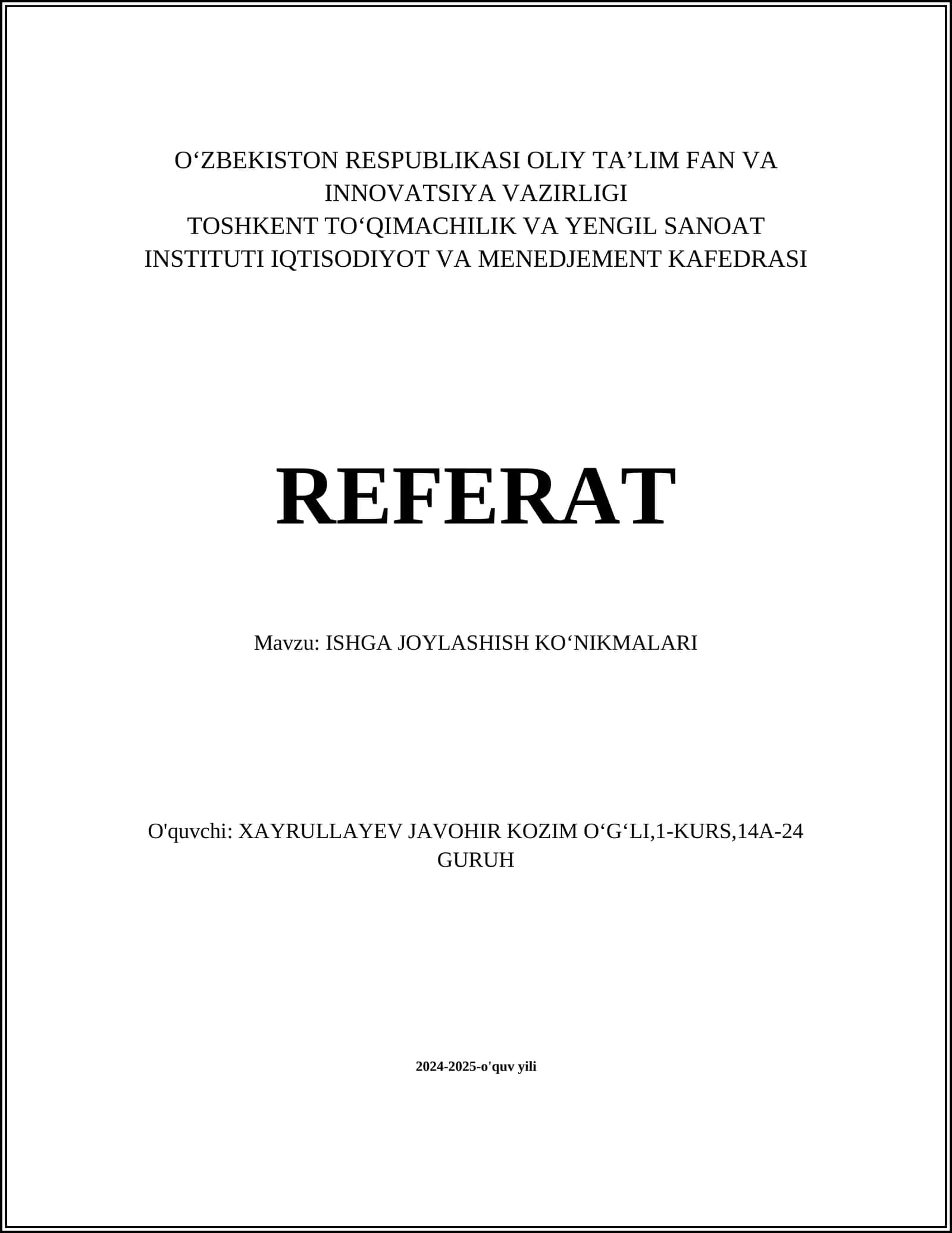 ISHGA JOYLASHISH KOʻNIKMALARI