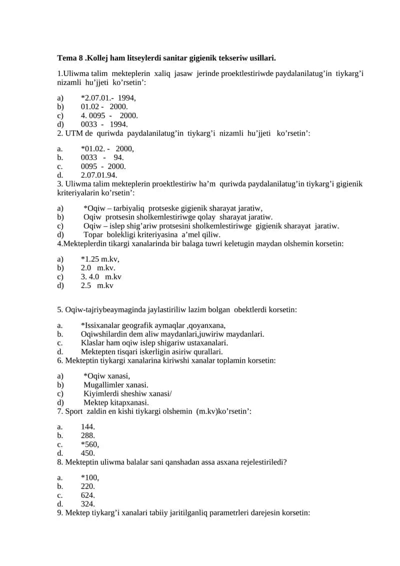Kollej ham litseylerdi sanitar gigienik tekseriw usillari