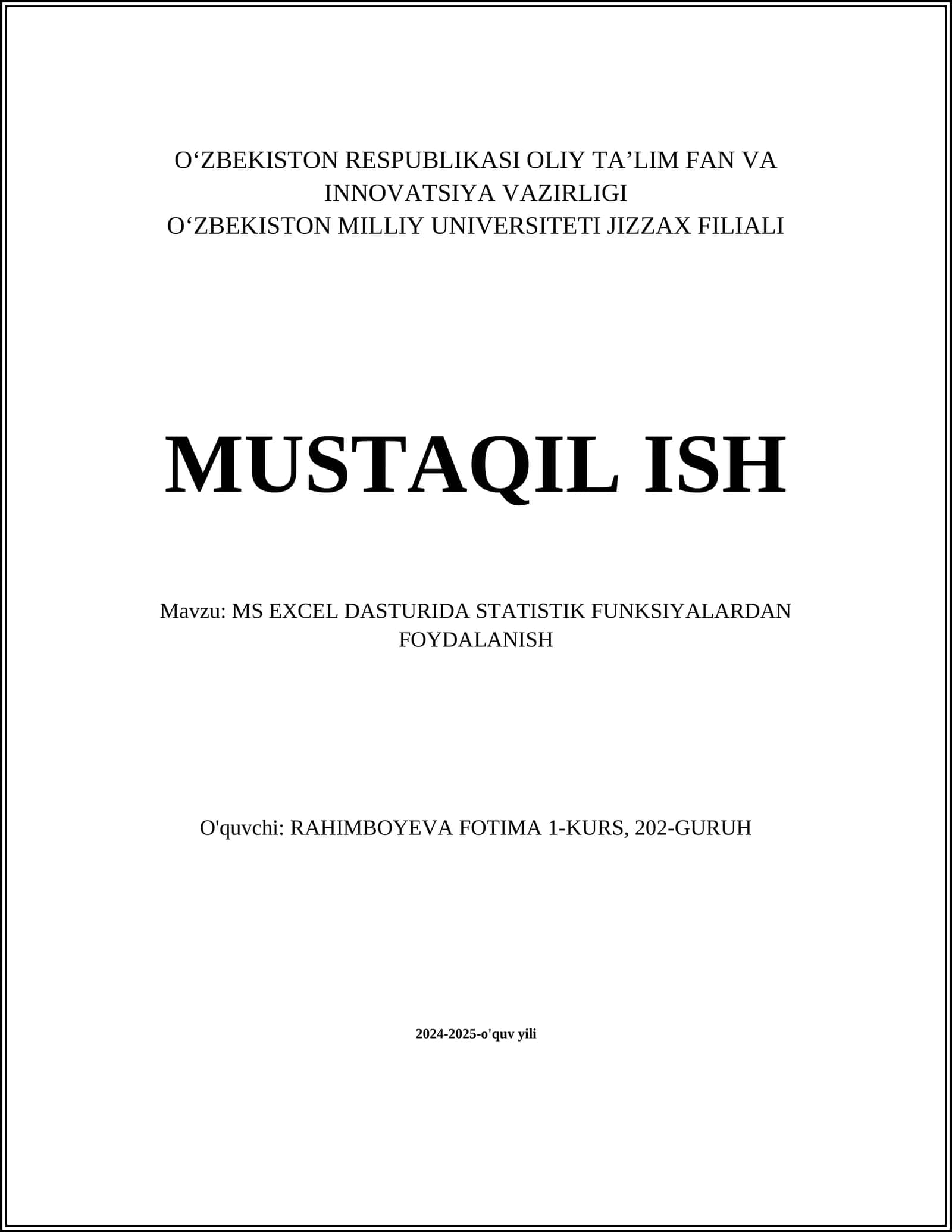 MS EXCEL DASTURIDA STATISTIK FUNKSIYALARDAN FOYDALANISH