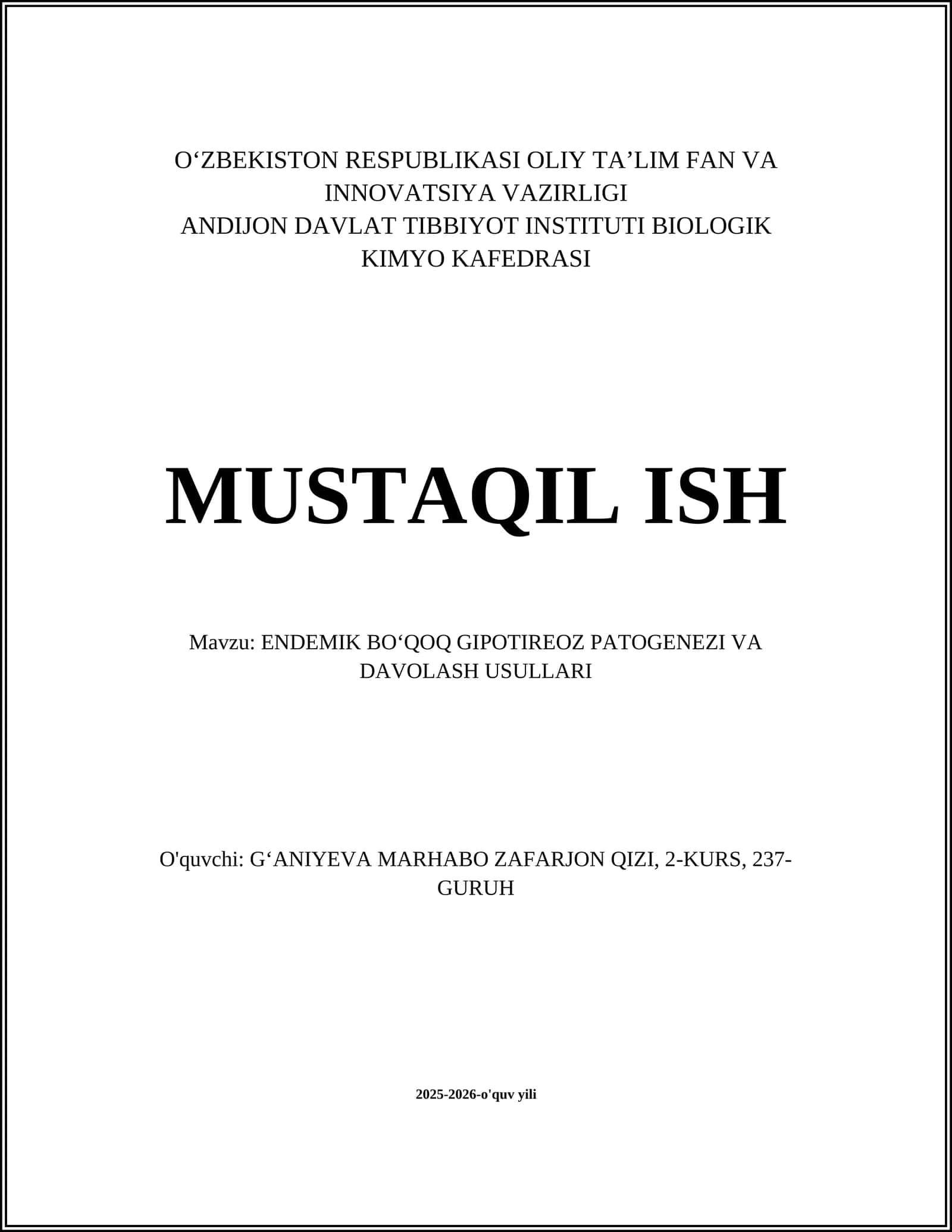 ENDEMIK BO‘QOQ GIPOTIREOZ PATOGENEZI VA DAVOLASH USULLARI