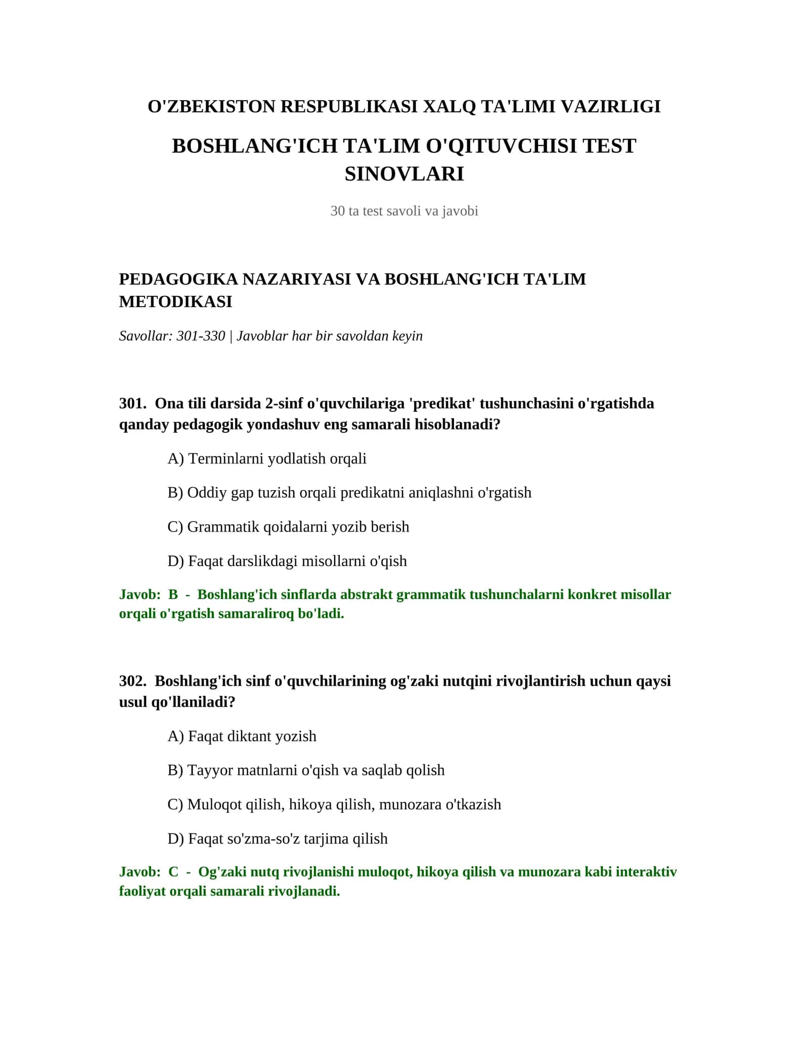 BOSHLANG'ICH TA'LIM O'QITUVCHISI TEST SINOVLARI