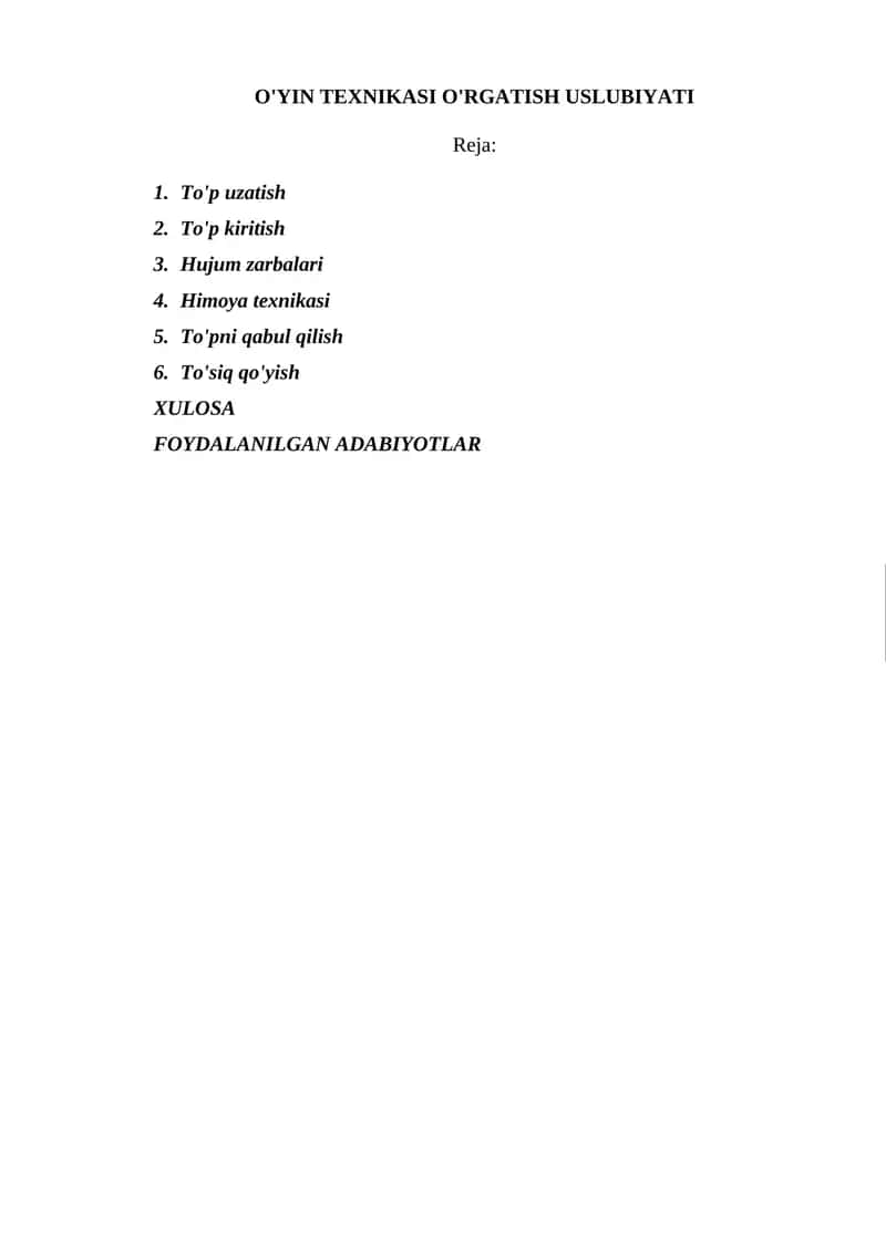 O'YIN TEXNIKASI O'RGATISH USLUBIYATI