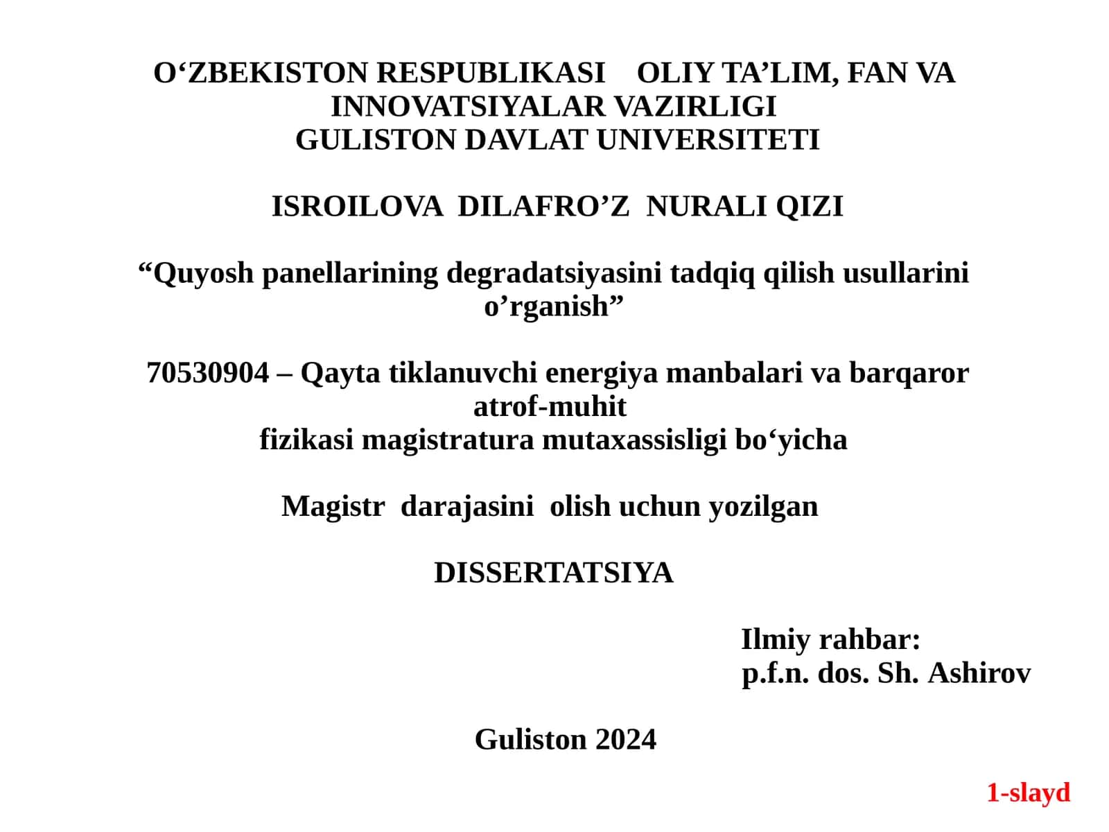 Quyosh panellarning xarakteristikalarining o’zgarish qonuniyatlarini o’rganish va energiya samarador