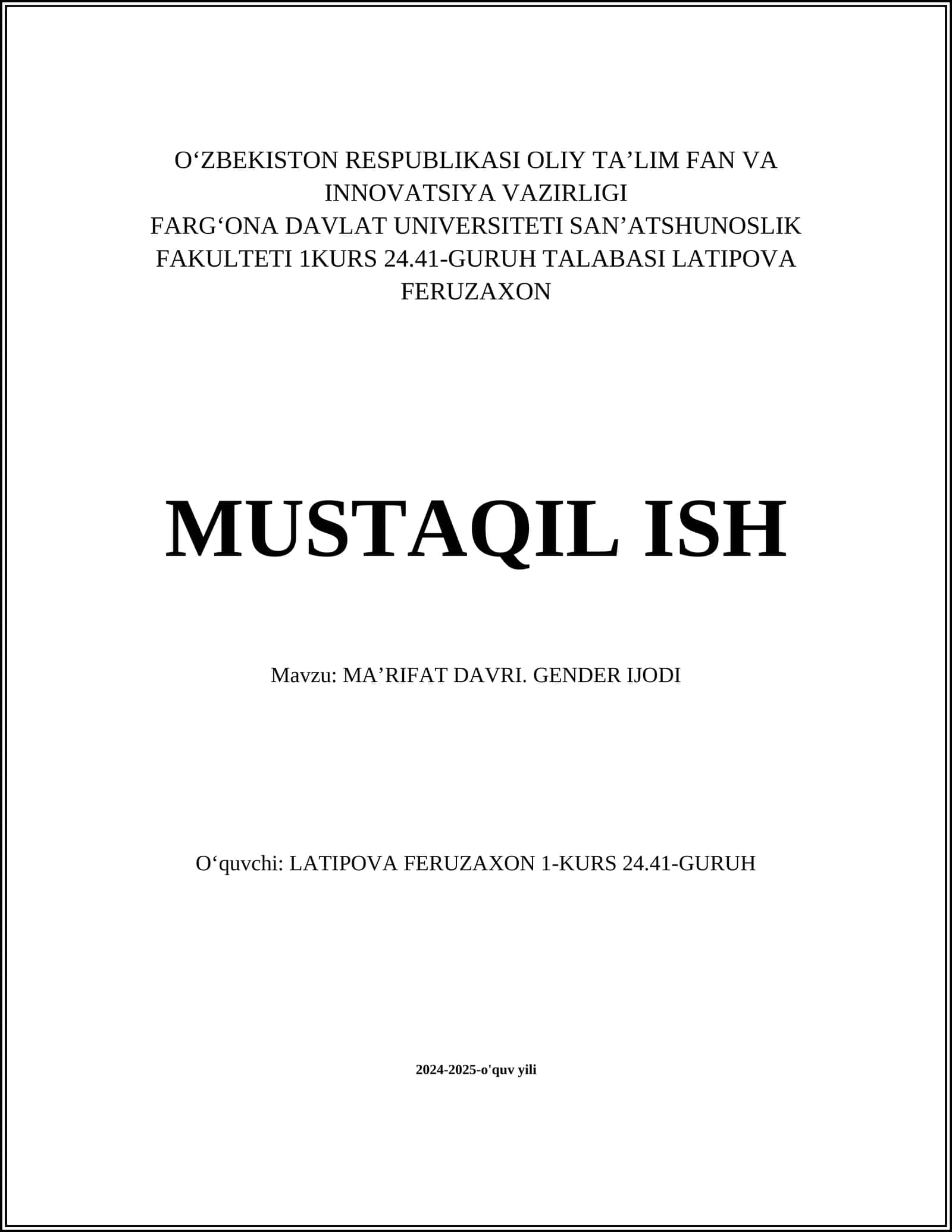 MAʼRIFAT DAVRI. GENDER IJODI