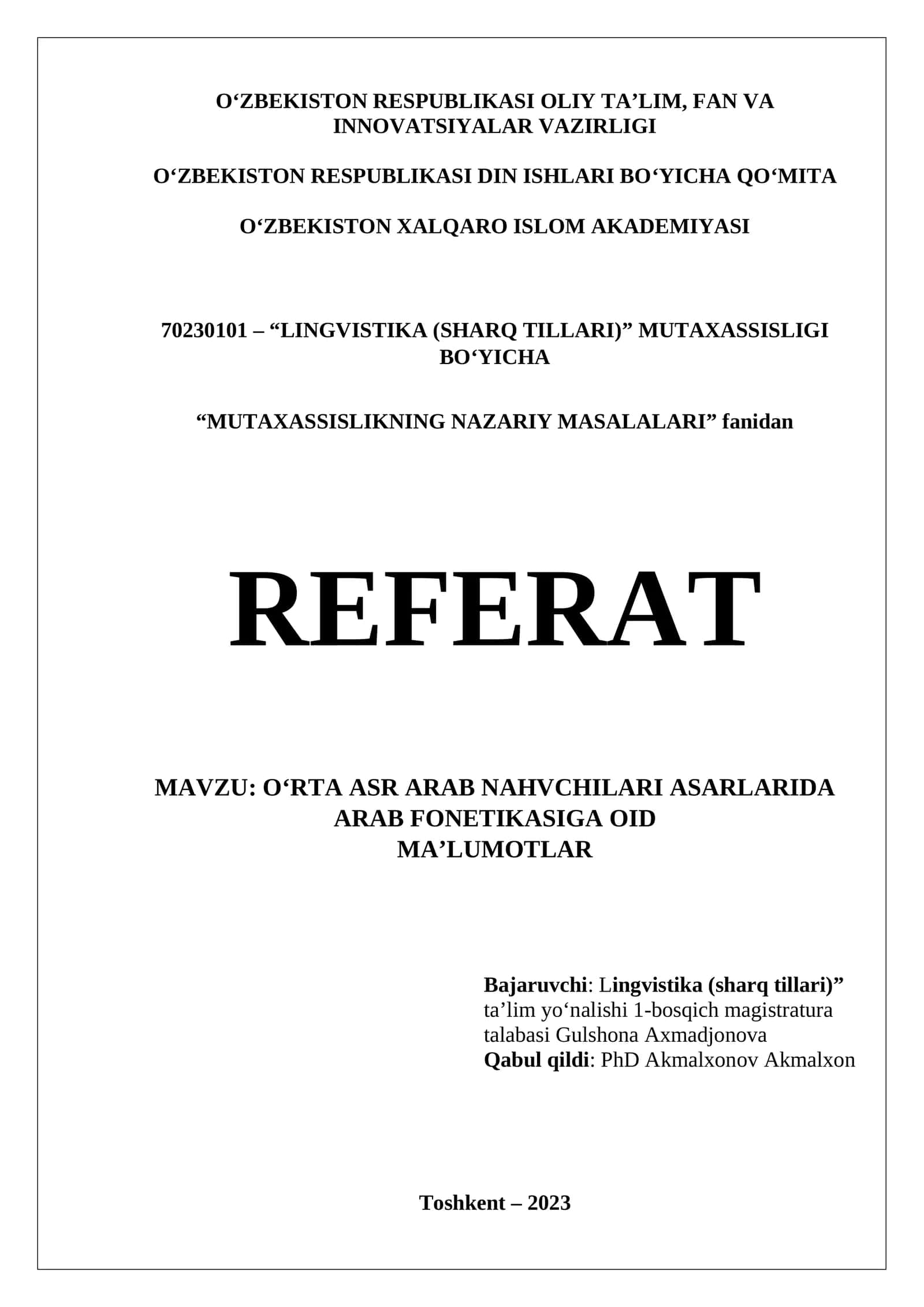 REFERAT O'rta asr arab nahvchilari asarlarida arab fonetikasiga oid ma'lumotlar