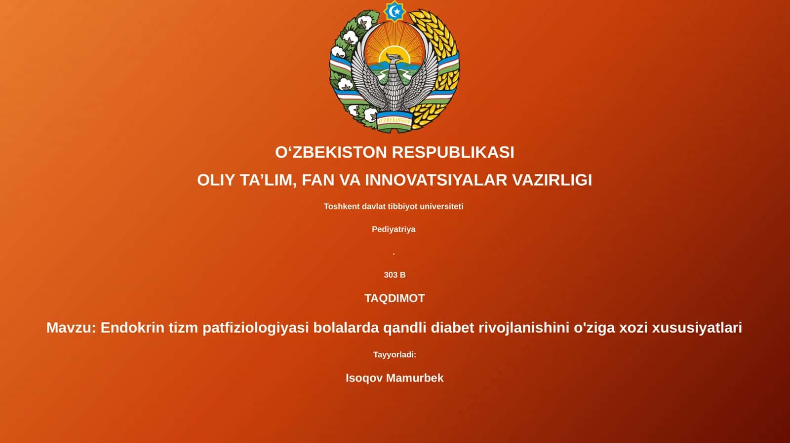 Endokrin tizm patfiziologiyasi bolalarda qandli diabet rivojlanishini o'ziga xozi xususiyatlari