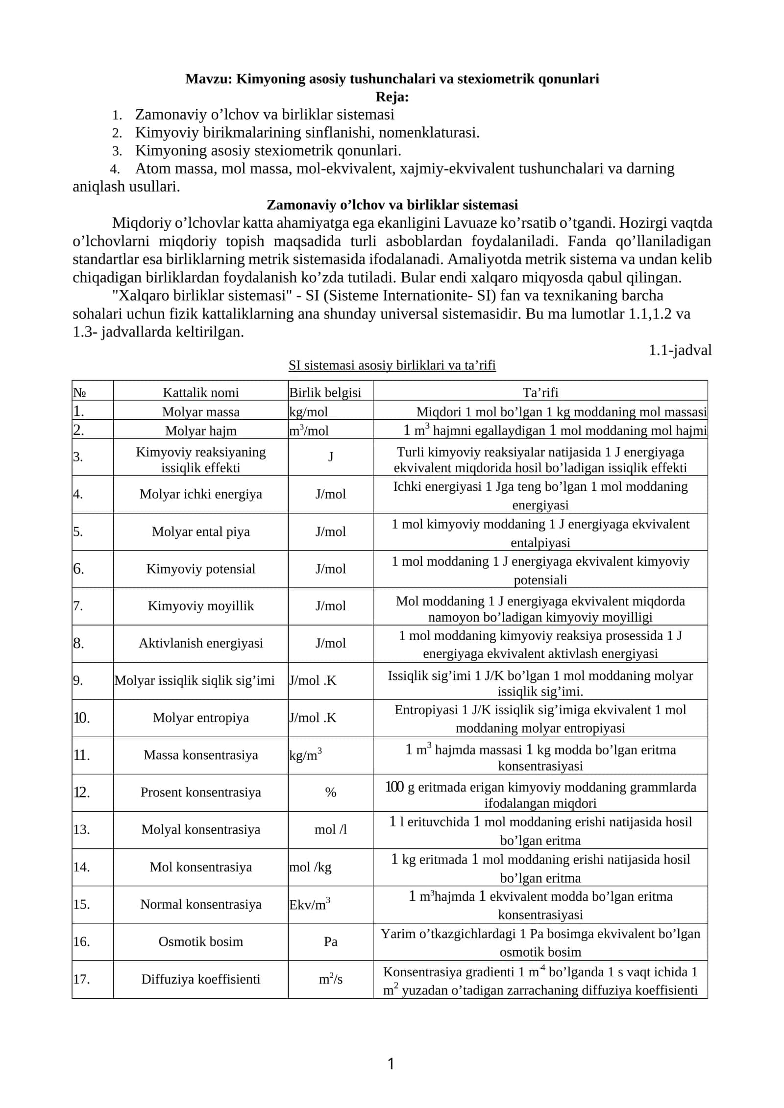 Kimyoning asosiy tushunchalari va stexiometrik qonunlari