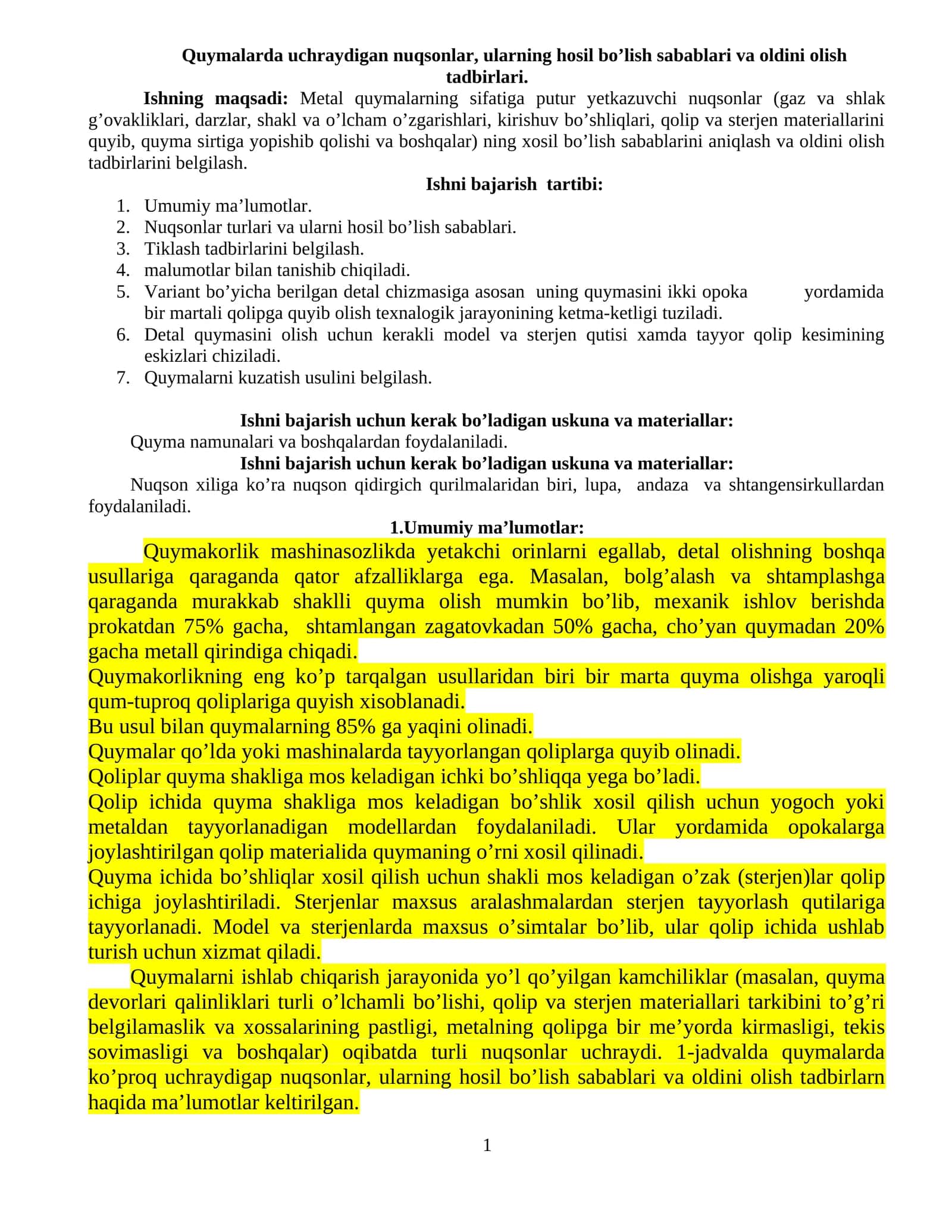 Quymаlаrdа uchrаydigаn nuqsonlаr, ulаrning hosil bo’lish sаbаblаri vа oldini olish tаdbirlаri
