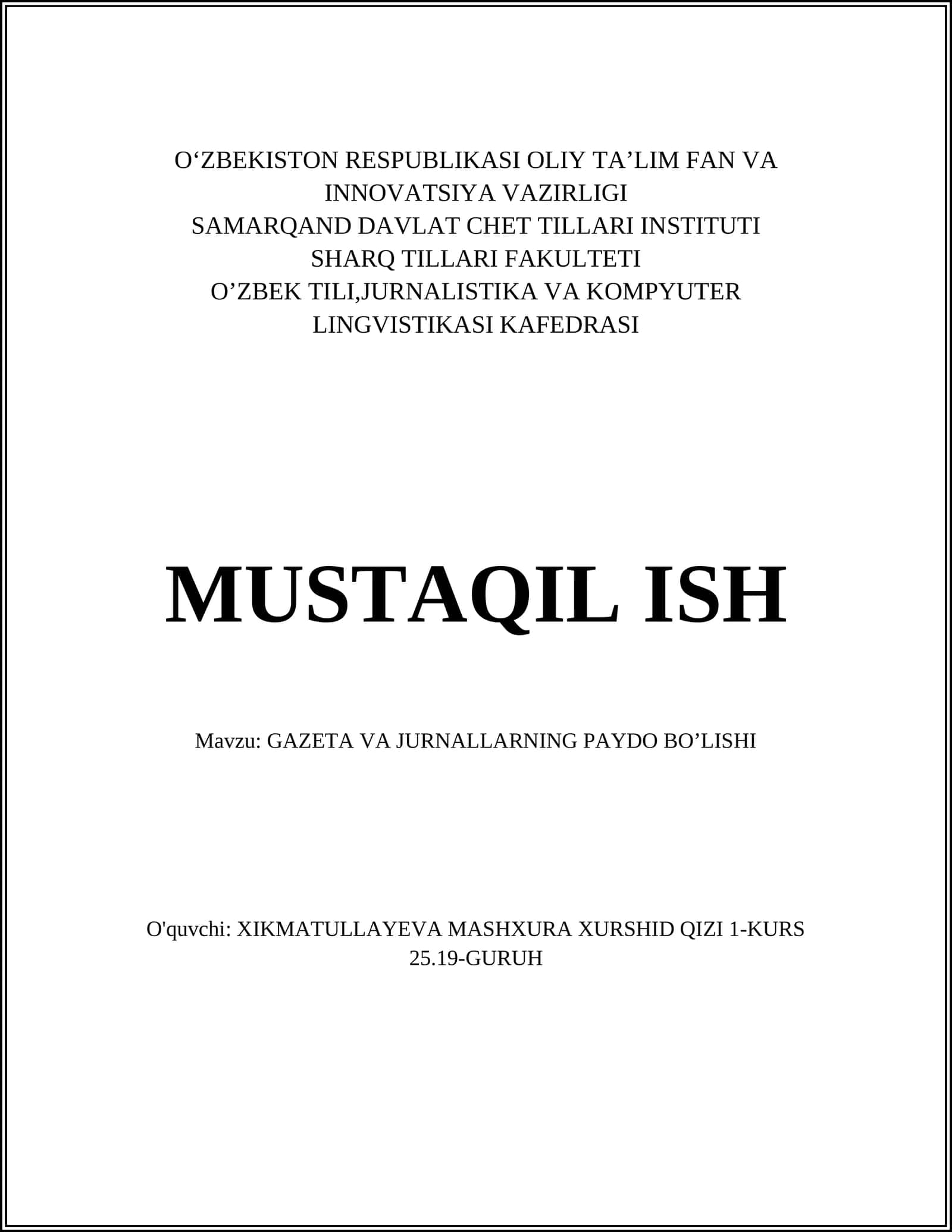 GAZETA VA JURNALLARNING PAYDO BO’LISHI