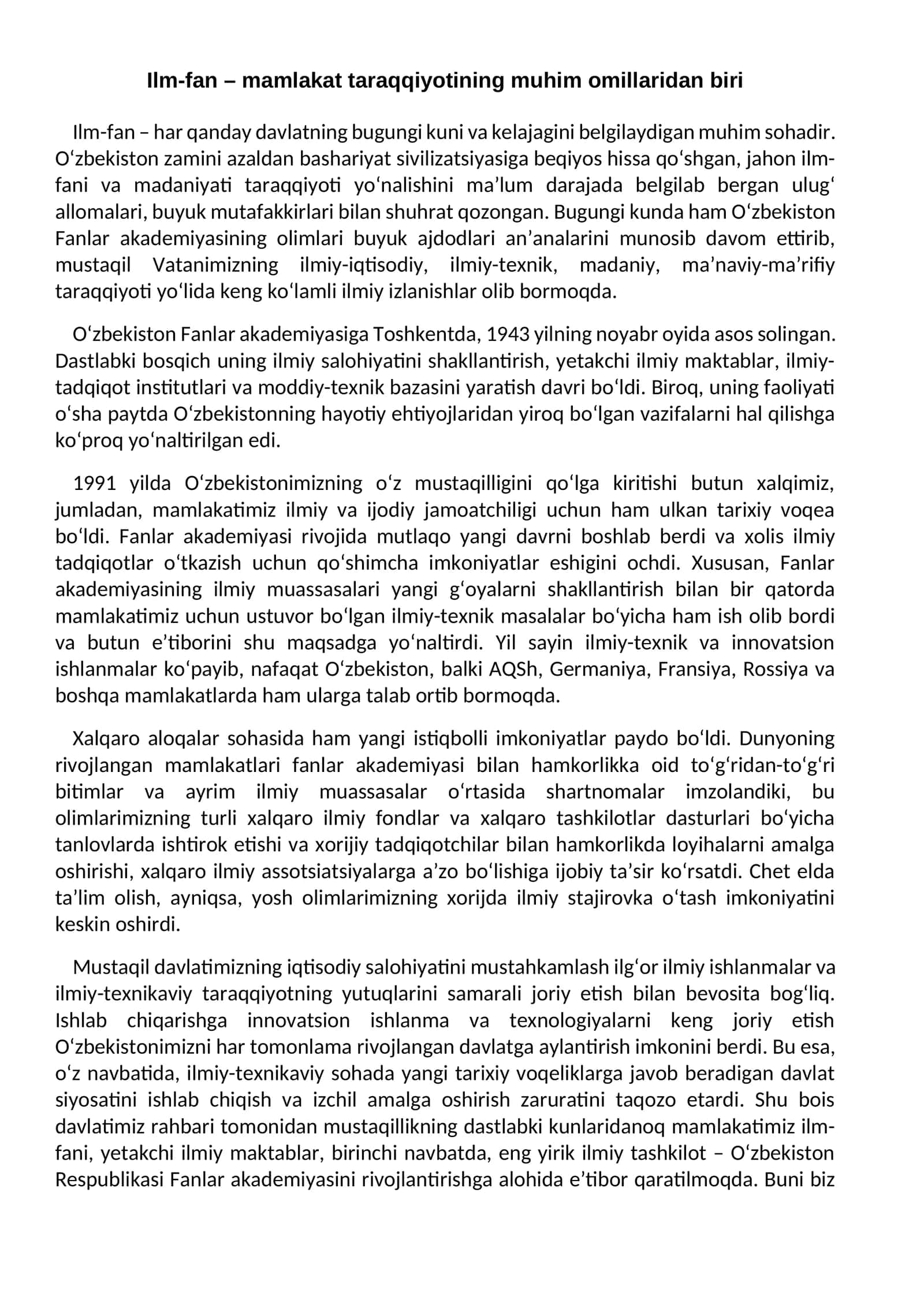 Ilm-fan – mamlakat taraqqiyotining muhim omillaridan biri