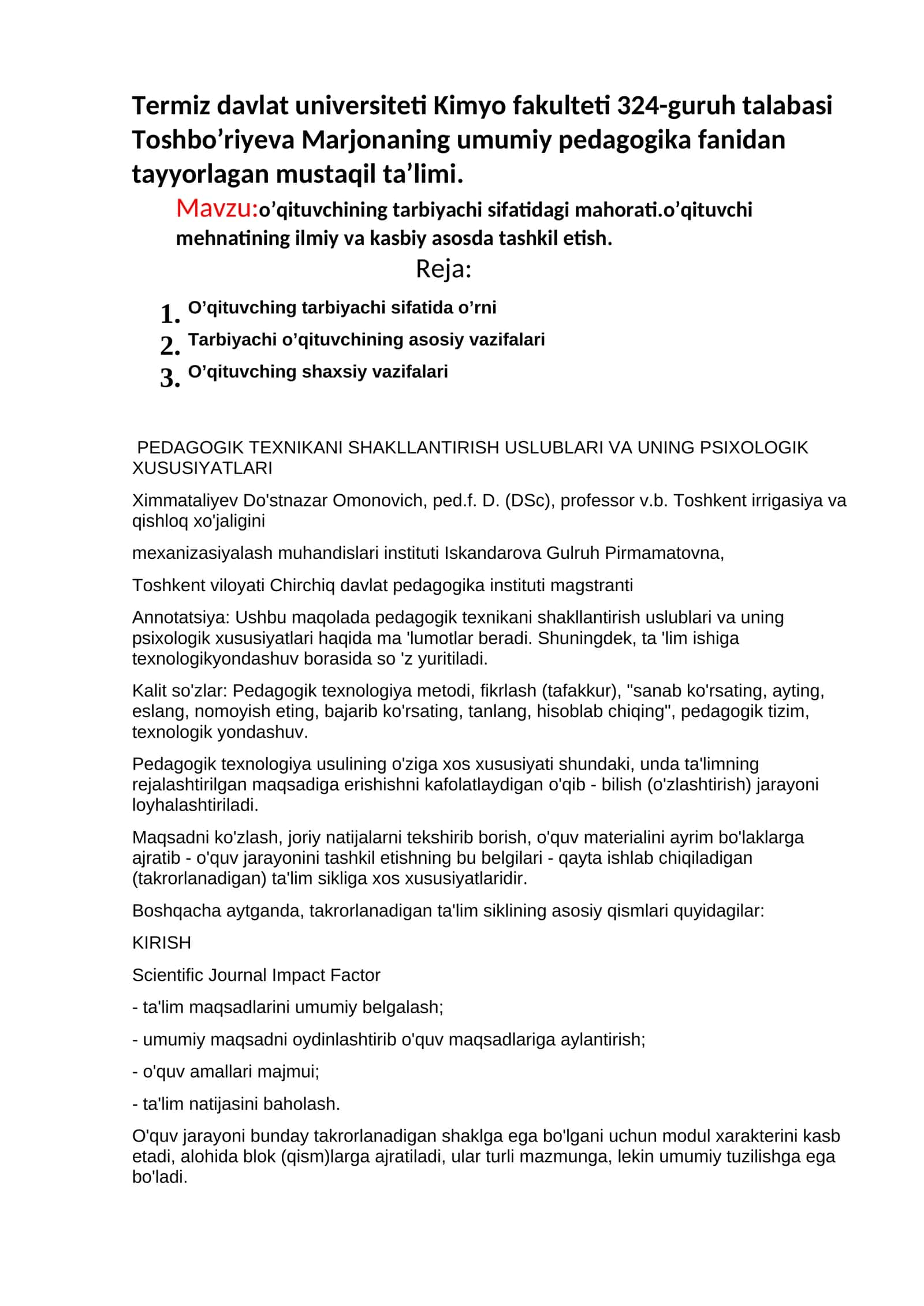 O'qituvchilar uchun pedagogik texnikalar