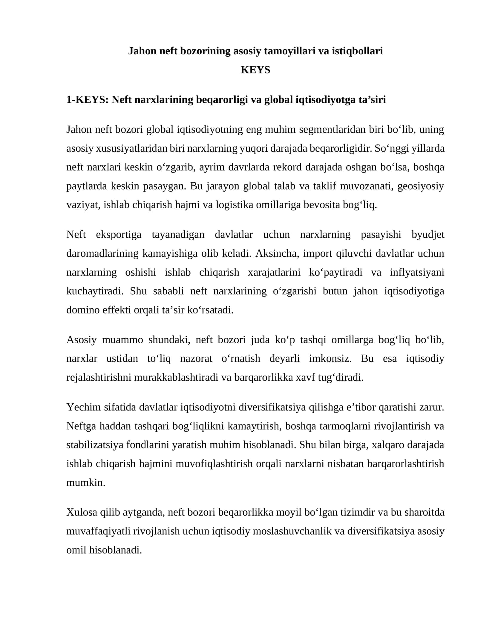Jahon neft bozorining asosiy tamoyillari va istiqbollari