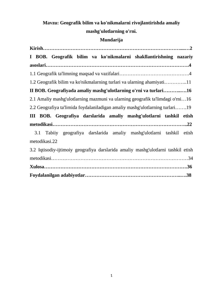 Geografiya darslarida amaliy mashg'ulotlarni tashkil etish metodikasi