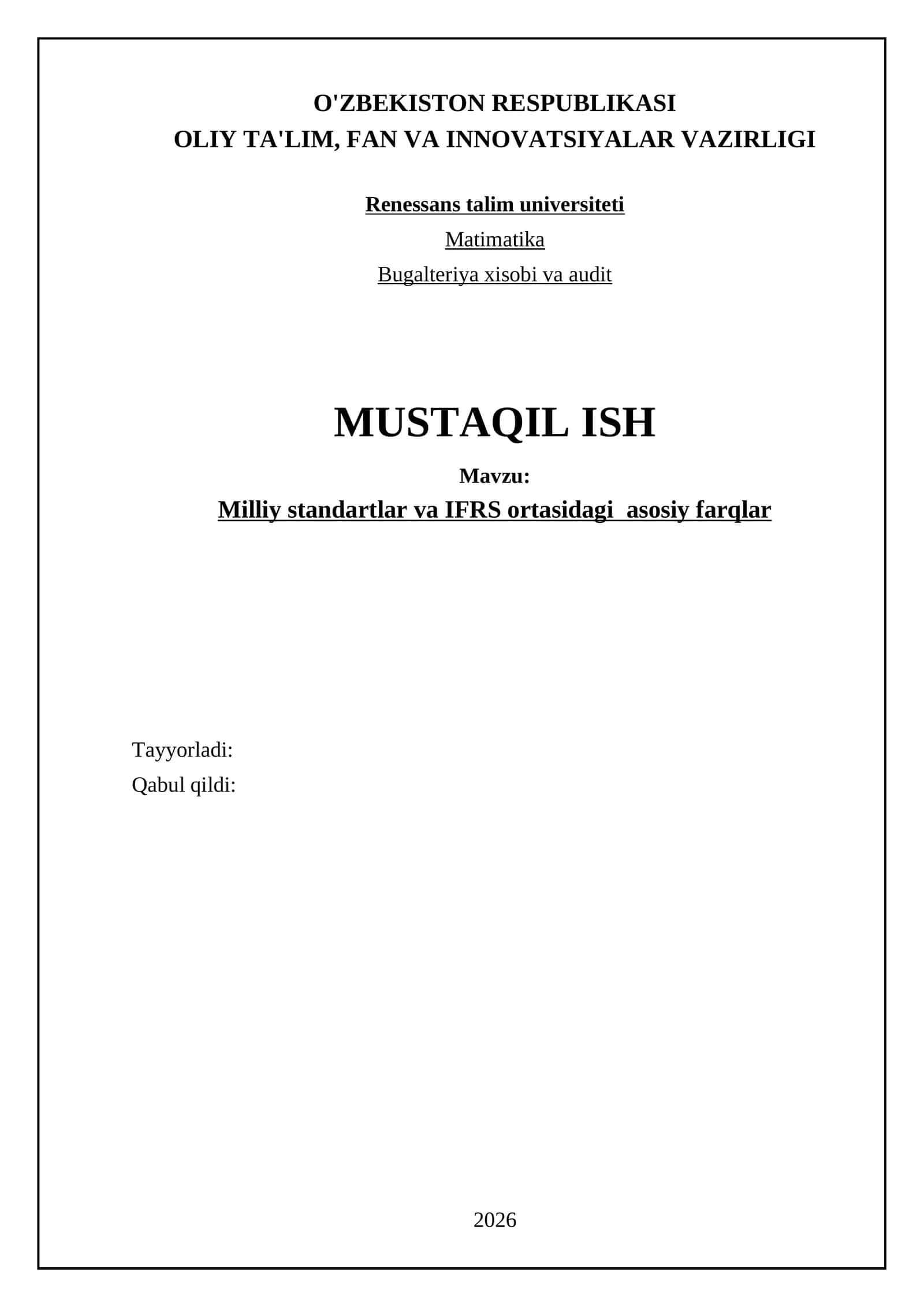 Qarzdorlik hisobvaraqlarining milliy standartlar va IFRS ortasidagi farqlar
