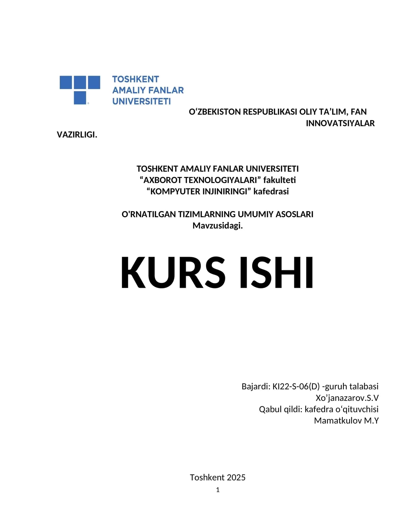 O’rnatilgan Tizimlarning Umumiy Asoslari Kurs Ishi