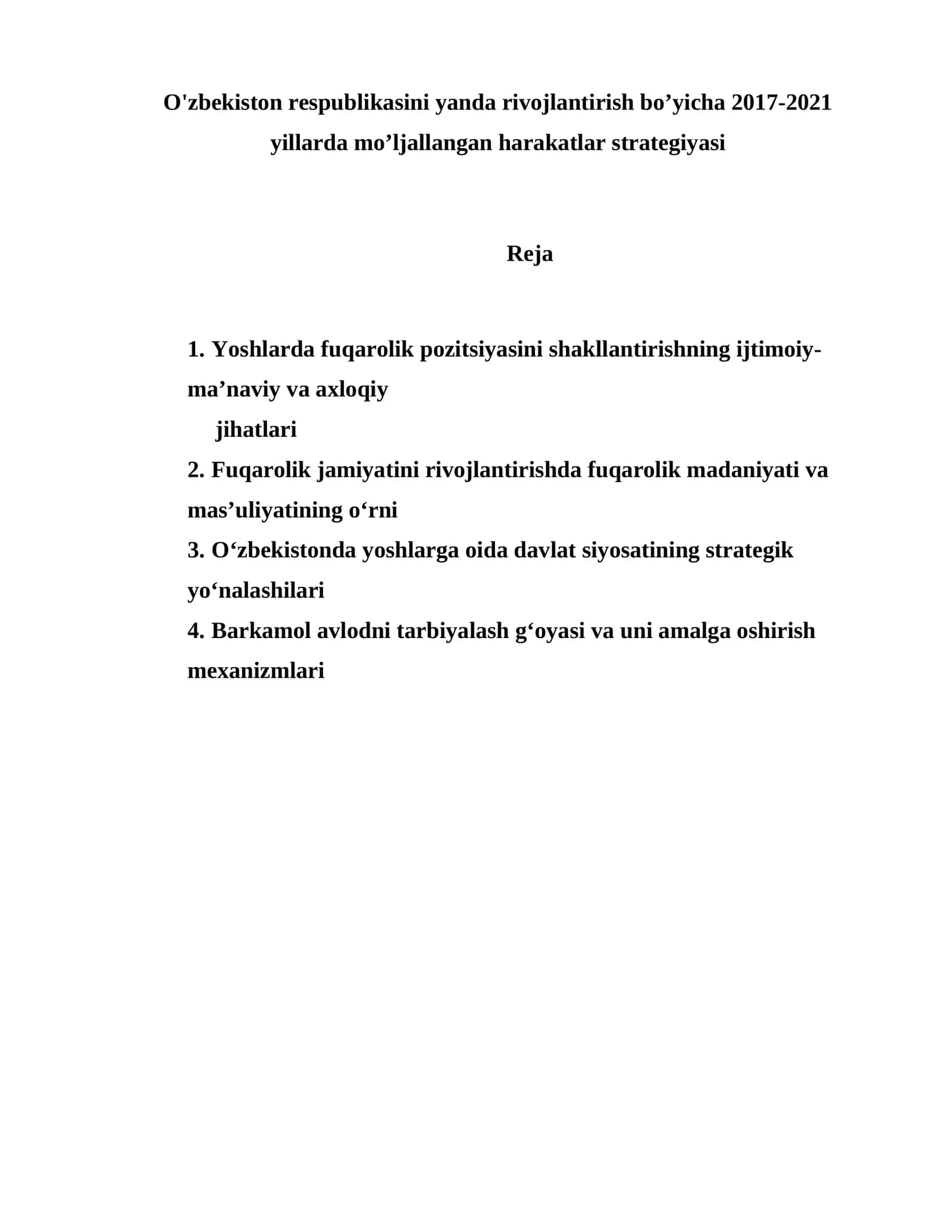 O'zbekiston respublikasini yanda rivojlantirish bo’yicha 2017-2021 yillarda mo’ljallangan harakatlar strategiyasi