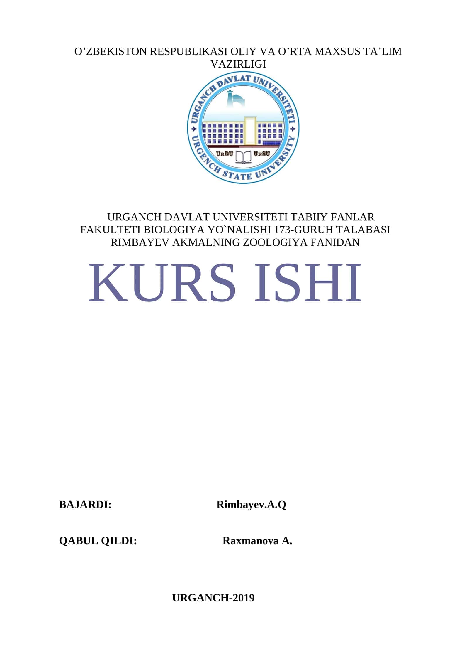 Zoologiya fanidan kurs ishi