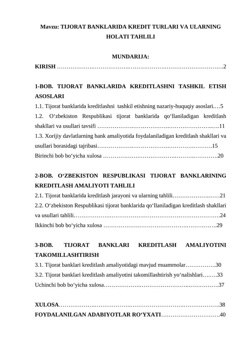TIJORAT BANKLARIDA KREDIT TURLARI VA ULARNING HOLATI TAHLILI