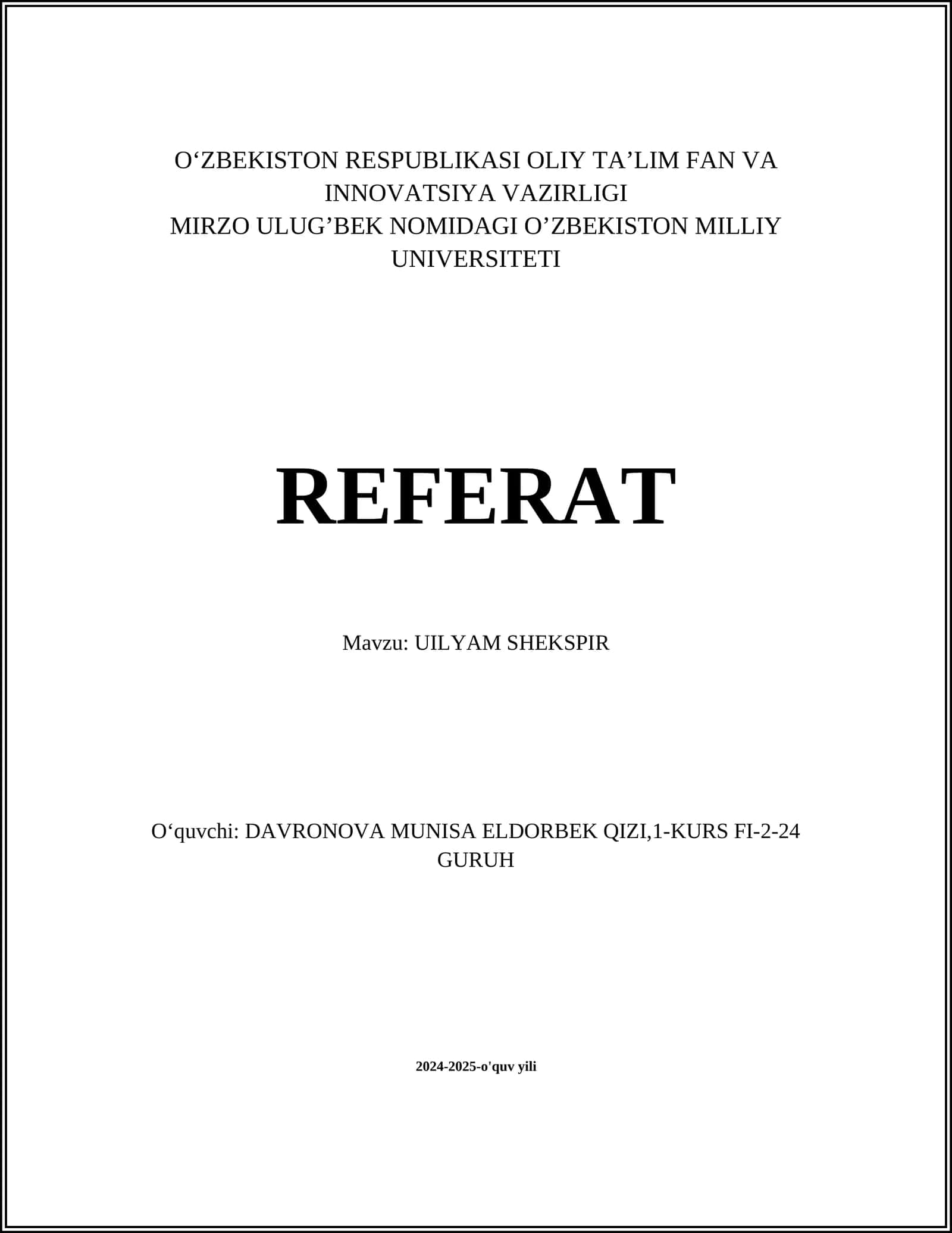 UILYAM SHEKSPIR REFERAT