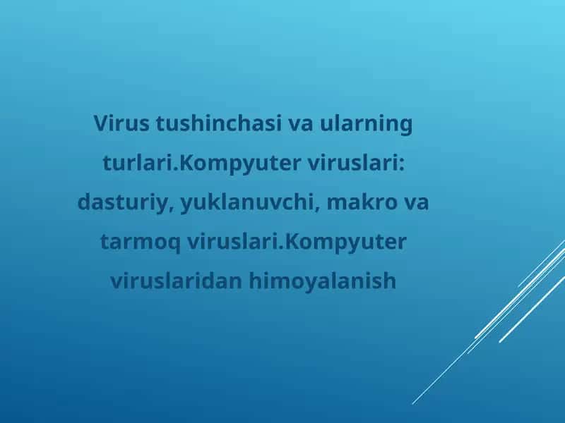 Virus tushinchasi va ularning turlari.Kompyuter viruslari: dasturiy, yuklanuvchi, makro va tarmoq viruslari.Kompyuter viruslaridan himoyalanish